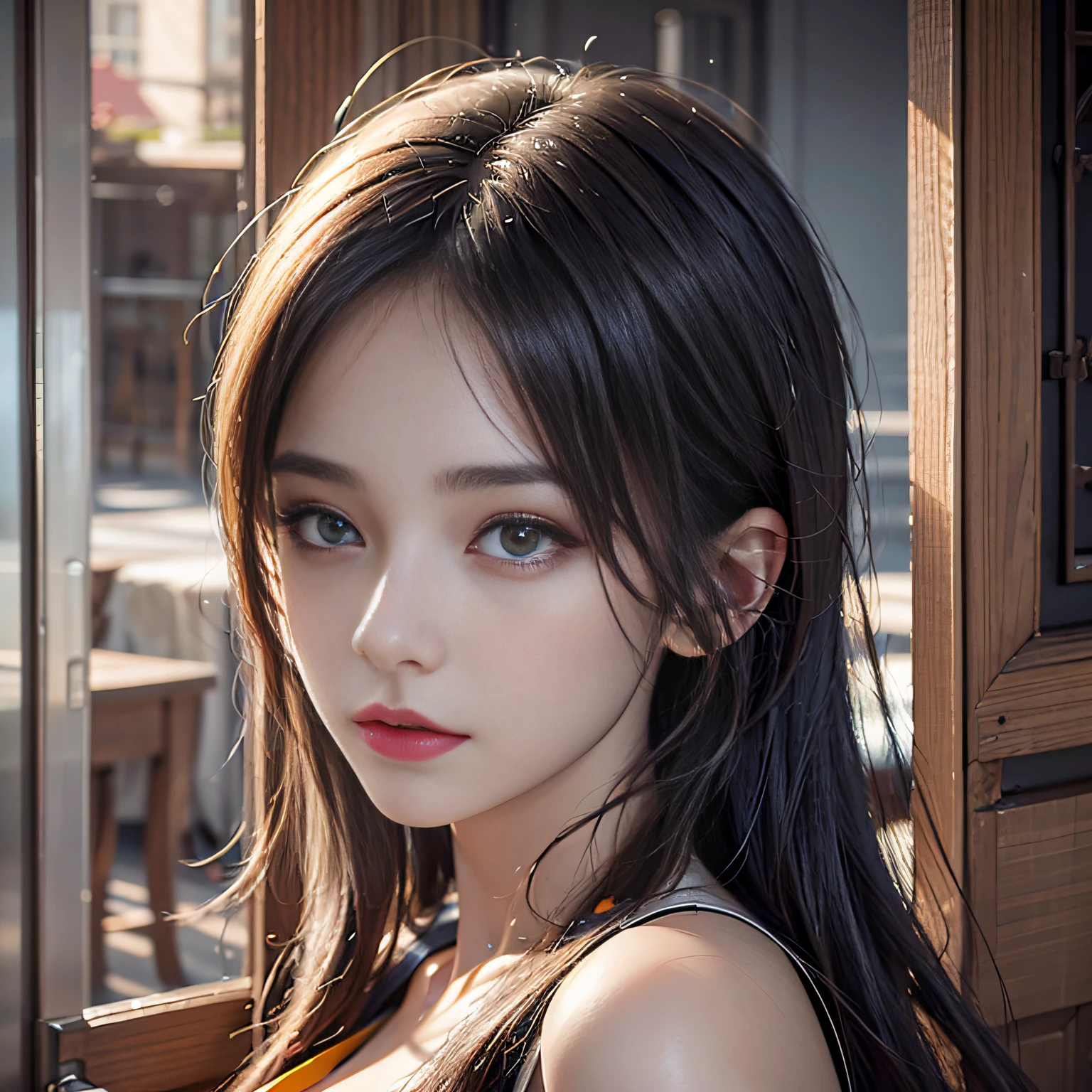 Top quality work， Photorealistic works， Ultra Premium Graphics，8K HD CG works， High-quality graphics， High-definition fine CG works，10x pixel， Ultra-fine details：1.1， Advanced technical details：1.1Photographically realistic， Indoor lighting effects：1.5， Natural light：1.5. light effect（Virtual Light Effects：1.8），超A high resolution, Transparent hair， High Detail Hair（Premium Hair Detail：1.1）Clear eyes， Good looking double eyelids， Sharp eye makeup, Delicate makeup for eyelashes, Thin eyebrows, ultradetailed eyes， High Nose, lovely red lips, Rose cheeks, Face with delicate makeup, Pretty Face, A perfectly proportioned face,（Advanced facial details：1.1）, Women's Artwork，full-body view， Goddess of Dress， amazing， Today's eyes are bright photorealistic, high resolution, soft lights, 1women, solo, hips up, look at the viewer, (detailed face), red eyes, long hair, detailed eyes, (origen:1.4), then \(arknights\), black shorts, red eyes, solo, (fashion-girl:1.0), realistic, makeup, office