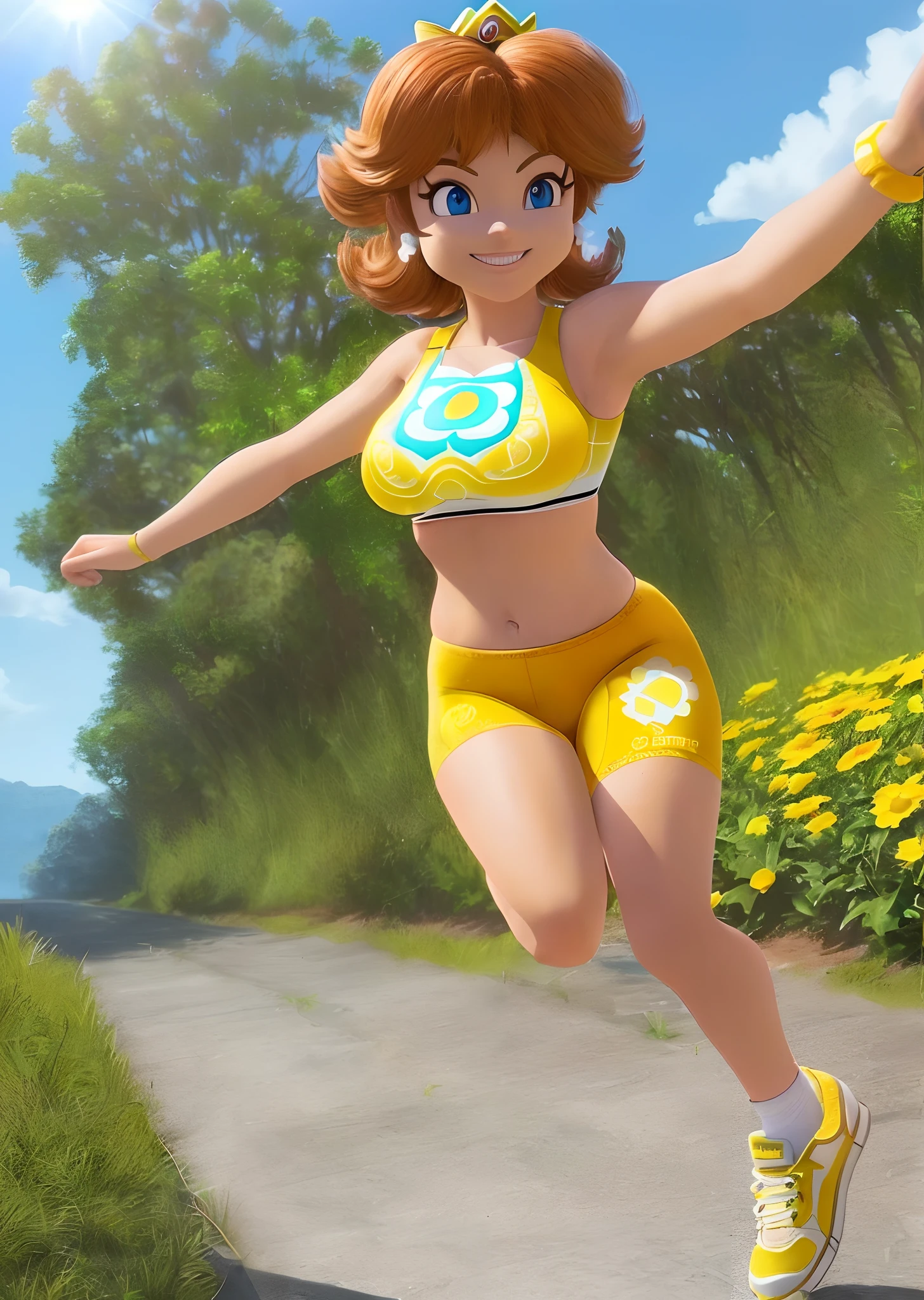 [daisy_SM], [Princess_Daisy], ((masterpiece)), ((HD)), ((solo portrait)), ((front view)), ((anime)), ((detailed soft shading)), ((beautiful render art)), ((intricate details)), {daisy; (tanned skin), cute blue eyes, short brunette hair, (small boobs), (gorgeous wide hips), (beautiful legs), (defined muscles), (excited grin)}, {(yellow tank top), (yellow spandex yoga shorts), (white and yellow sneakers)}, {(walking), (looking at viewer)}, [Background; (park), (grass plains), (sun rays), (blue sky)]