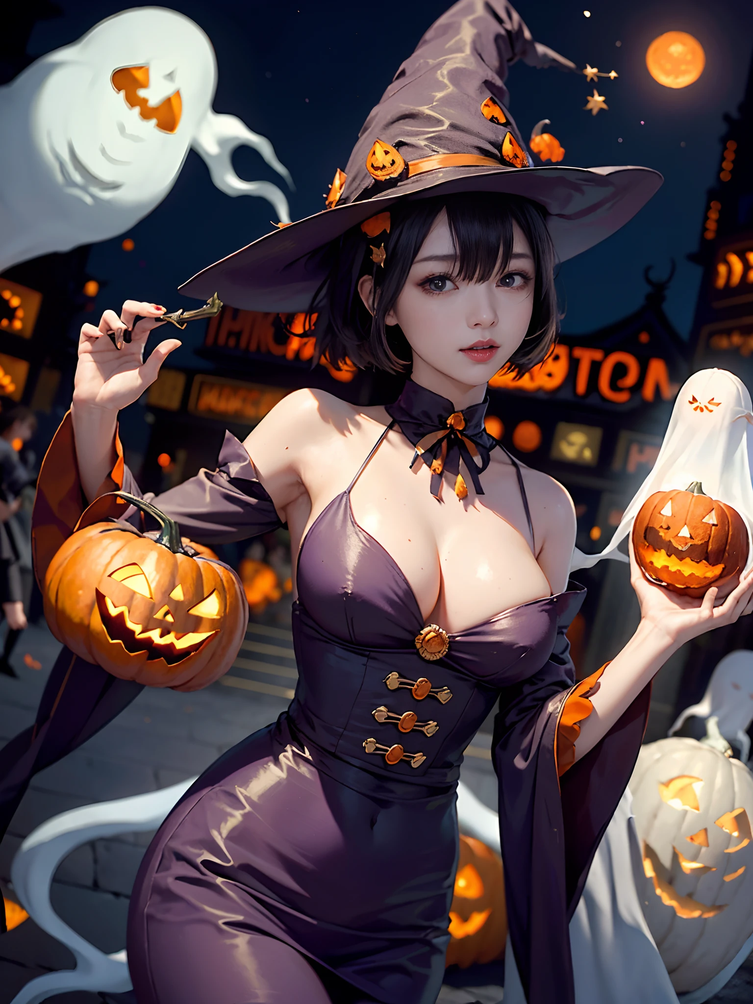 Background of details(halloween night(fullmoon,City of Shibuya(Crowds(People in costumes々々々々々))):1.5),BREAK ,elaborate costume(Sorcerer(Pointy hat)),BREAK,(1 Beautiful and classy adult woman(Shy smile:1.2)(Japanese actressl:1.2)(A dark-haired(short-hair:1.2))),(eye glass:1.5),((magia((Pumpkin in the right hand),(The Ghost of the Left Hand))summoner):1.5),BREAK,Wallpapers 16K,Blur the background,)(masutepiece,Best Quality,Portrait photos):1.5),Faraway view