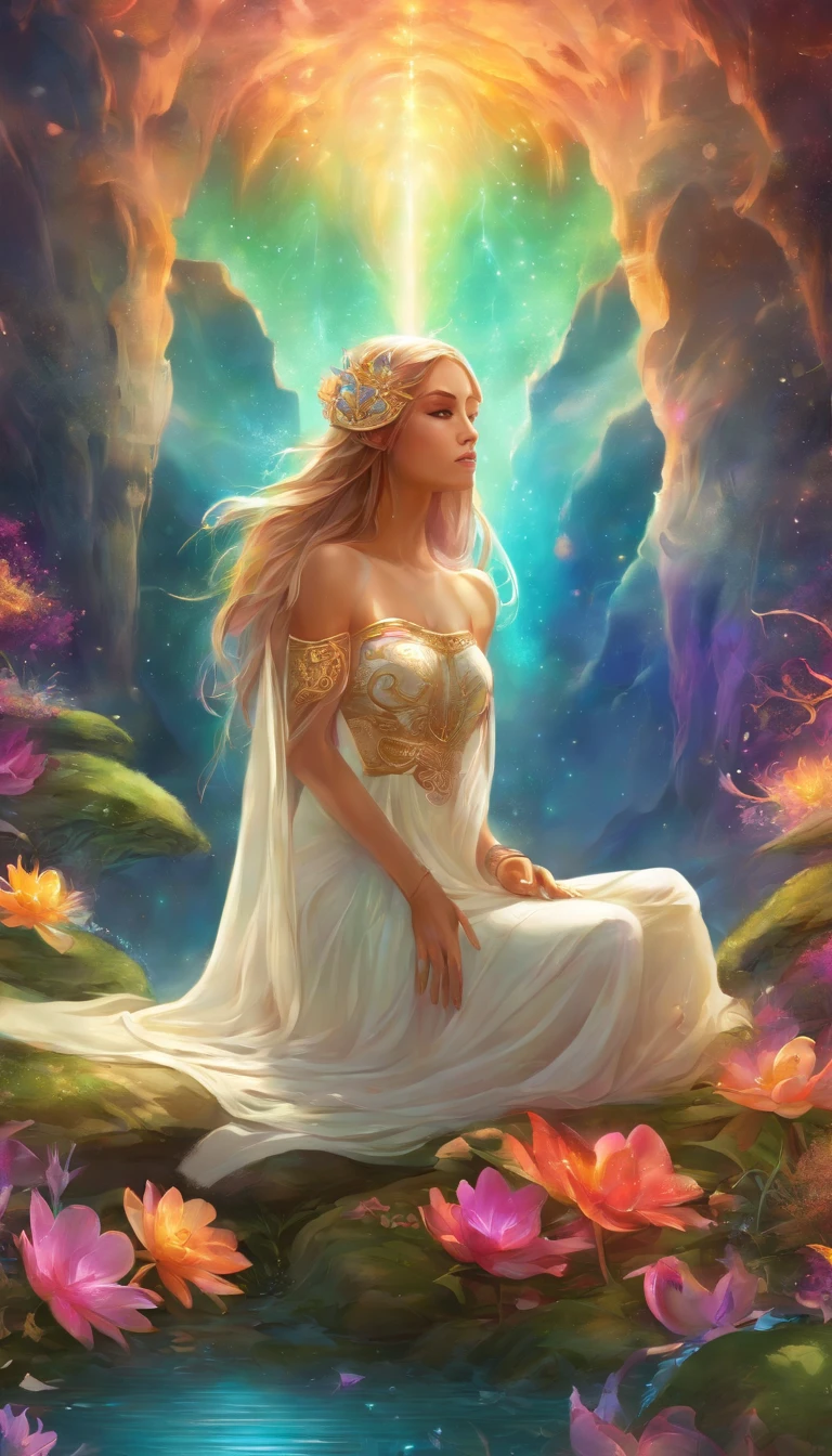 (In front of the colorful Northern Lights: 1.5), Yoga puts the spectrum together with the seven Northern Lights, Vivid colors sa colorslashh, Beautiful woman in white sitting on water lilies, complex stuff around, Intricate in the background, Spiritual, Divine, Dreamlike, cosmic, mind blowing, God, pineal gland, Dream like, (Extremely detailed CG Unity 16k wallpaper), (Noise Removal Strength: 1.45), (tmasterpiece:1.37), Ultra photo realsisim, god light, Ray tracing, hyper HD, Award-Awarded
