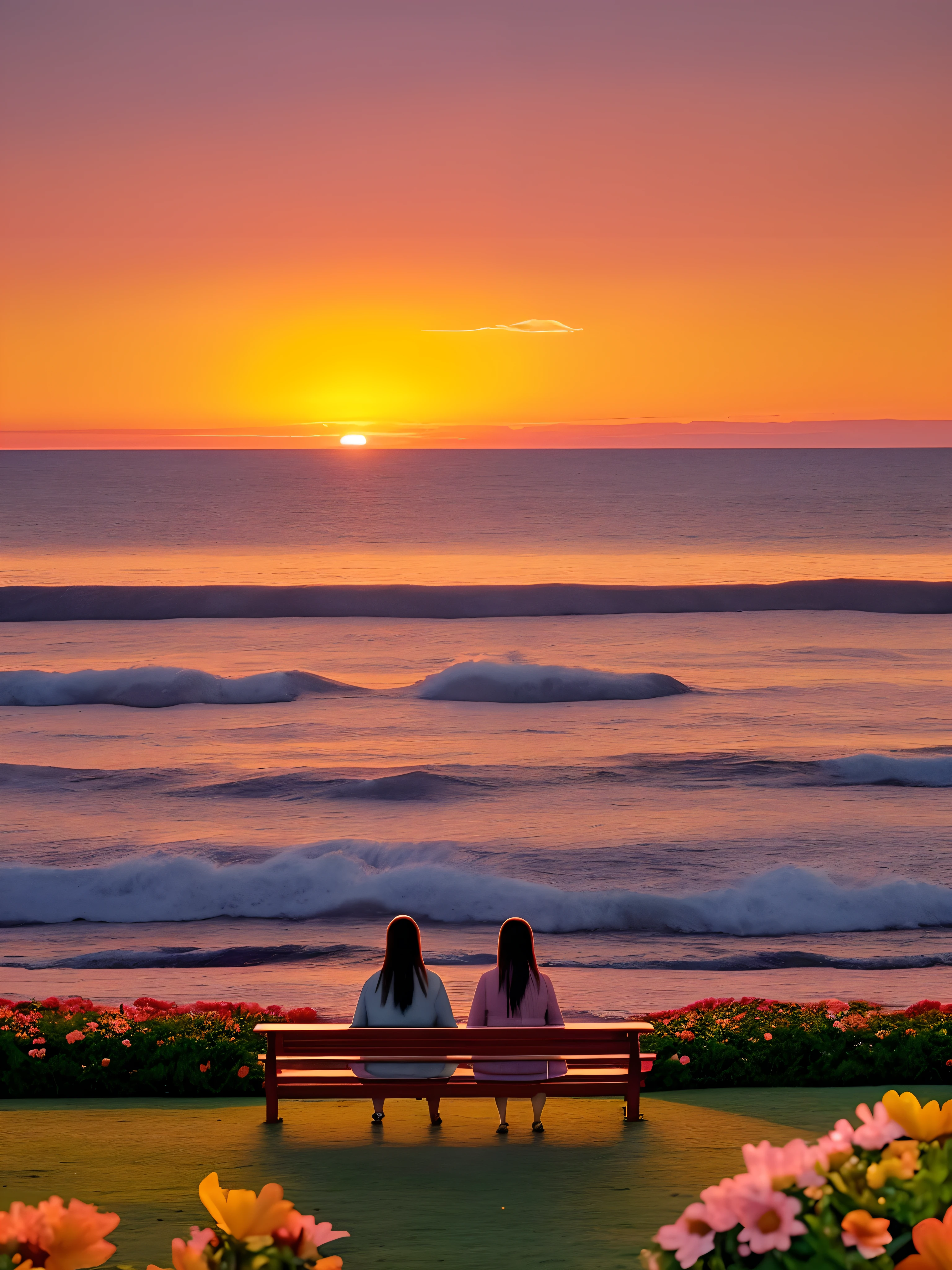 Sunset over the ocean,Benches and flowers in the foreground, warm beautiful scene, sunset warm spring, floral sunset, Beautiful sunset, stunning nature in background, beautiful sunrise, gorgeous romantic sunset, The most beautiful sunset, very beautiful scenery, Beautiful nature, Really beautiful nature, amazing sunset, Beautiful scenery, beautiful sunset glow, sunrise background, lindo cenario, Magnificent background,Beautiful back