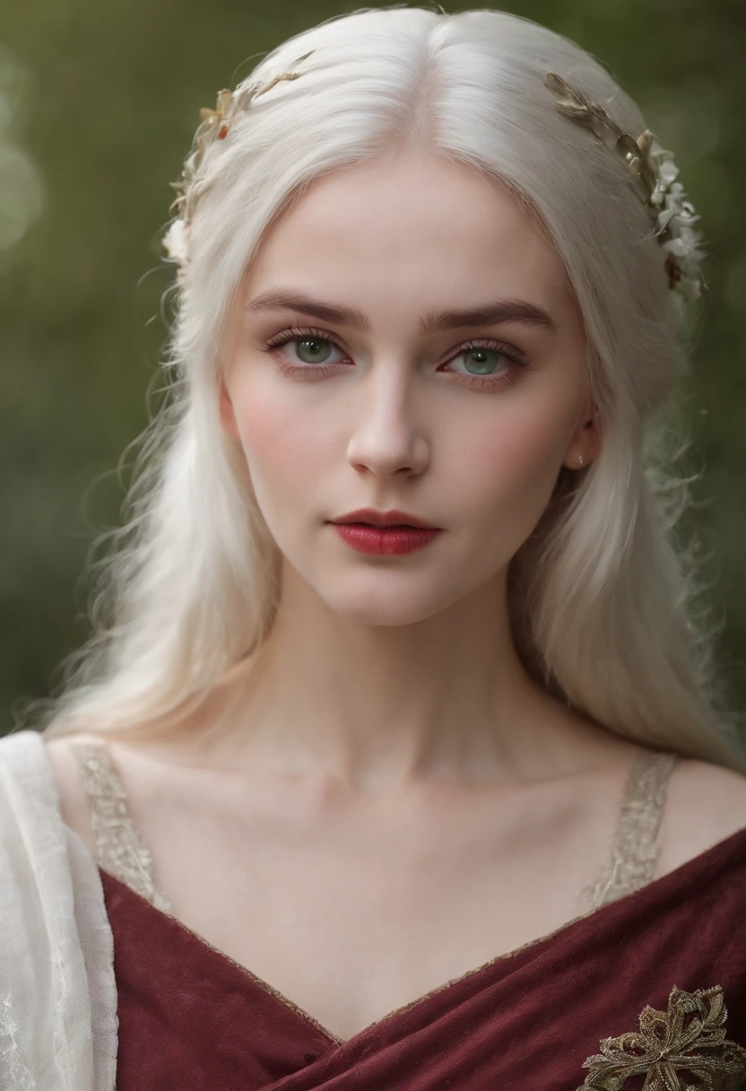 (((a deep reddish wound crosses her left cheek))) fair complexion, woman around 19 years old, natural white hair, distinctive green eyes, wearing kohl, slender and graceful, beautiful, candlelight in a medieval setting, ultra sharp focus, realistic shot, medieval female clothes, tetradic colors (scar:1.4)