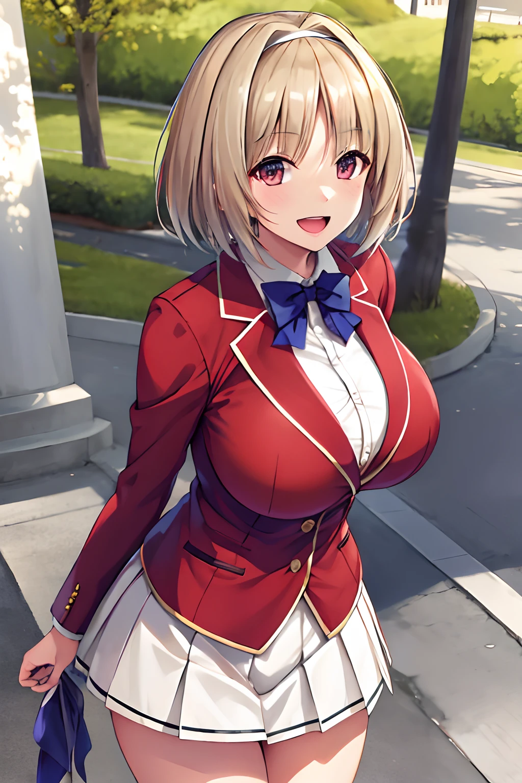 Big tits, masterpiece, best quality, highres, aakikyo, short hair, hair intakes, white hairband, blue bowtie, collared shirt, blazer, red jacket, long sleeves, white skirt, pleated skirt, black socks, cowboy shot, standing, outdoors, straight-on, arms at sides, smile, open mouth, thick