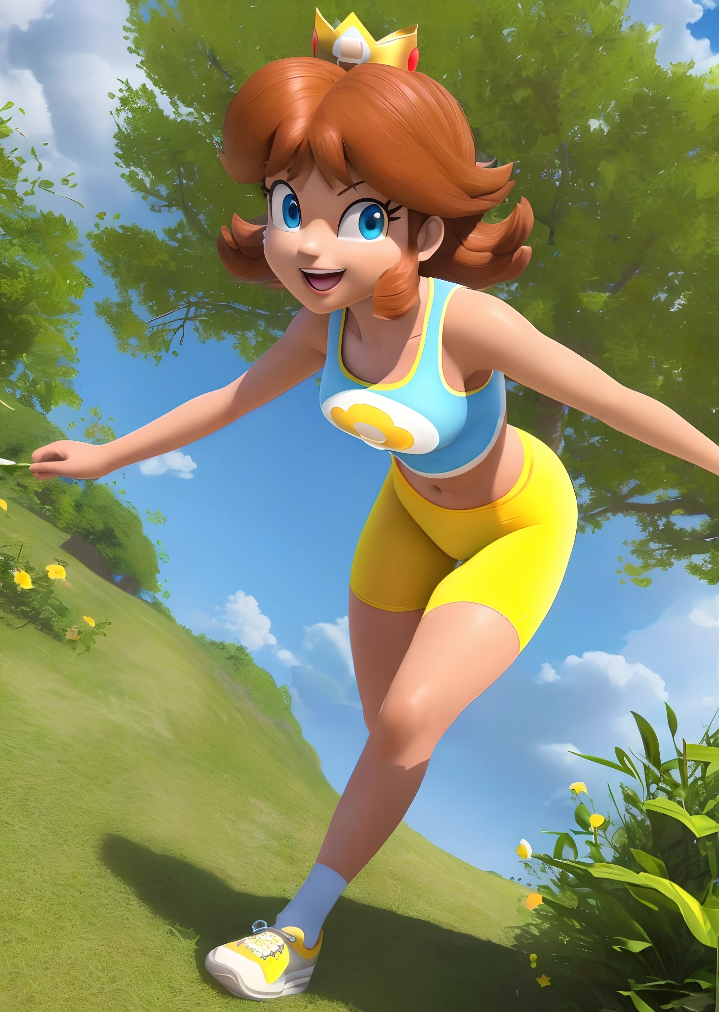 [daisy_SM], [Princess_Daisy], ((masterpiece)), ((HD)), ((solo portrait)), ((front view)), ((anime)), ((detailed soft shading)), ((beautiful render art)), ((intricate details)), {daisy; (tanned skin), cute blue eyes, short brunette hair, (small boobs), (gorgeous wide hips), (beautiful legs), (defined muscles), (excited grin)}, {(yellow tank top), (yellow spandex yoga shorts), (white and yellow sneakers)}, {(walking), (looking at viewer)}, [Background; (park), (grass plains), (sun rays), (blue sky)]