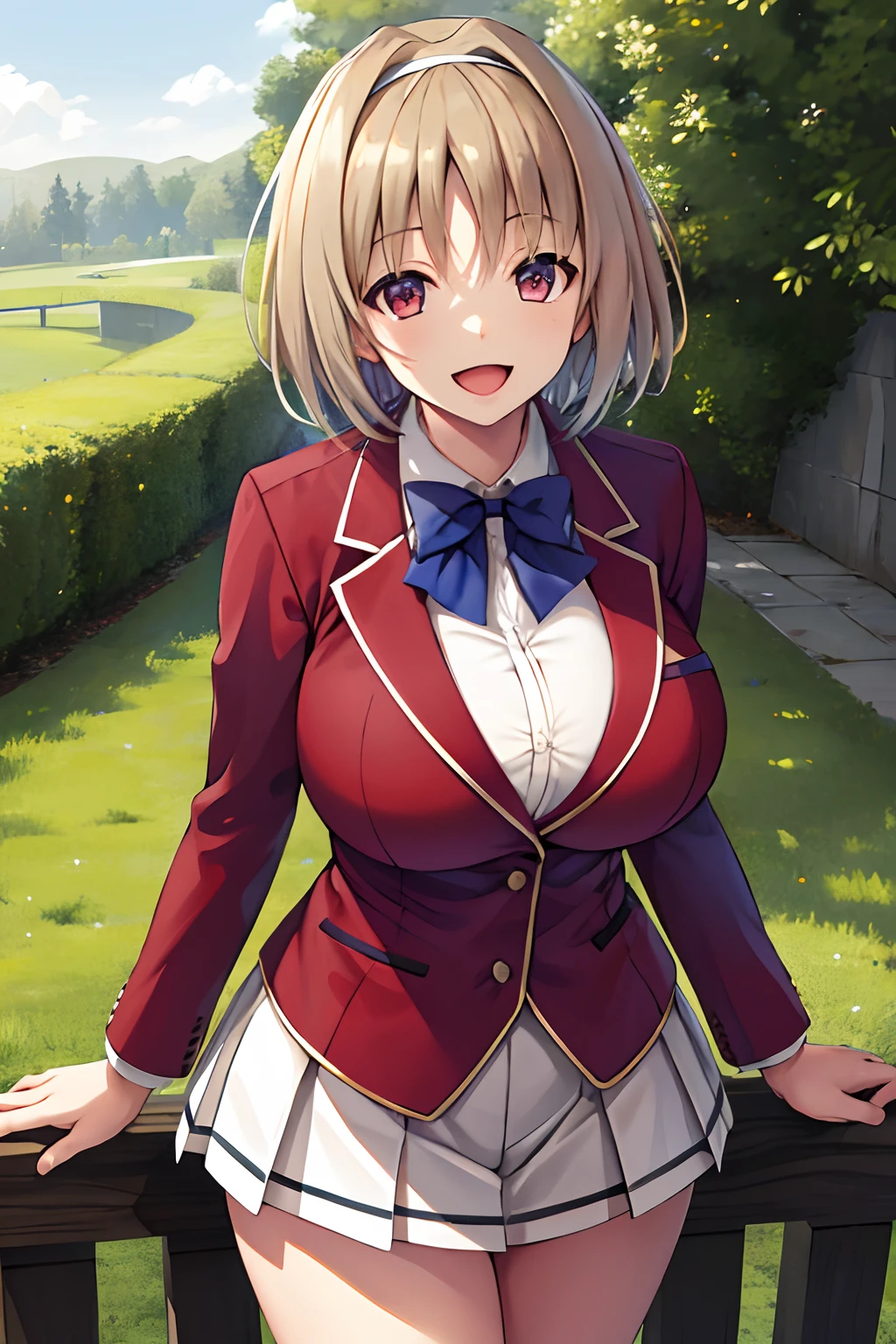 Big tits, masterpiece, best quality, highres, aakikyo, short hair, hair intakes, white hairband, blue bowtie, collared shirt, blazer, red jacket, long sleeves, white skirt, pleated skirt, black socks, cowboy shot, standing, outdoors, straight-on, arms at sides, smile, open mouth, thick