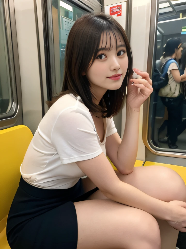 masutepiece, Best Quality,  finely detail, hight resolution, in 8K, Perfect dynamic composition, Beautiful detailed eyes, Women's Suits、lightly dressed、Medium Hair,Colossal tits,cleavage、Natural Color Lip, Bold sexy poses, ssmile, Shibuya OL system、20 years girl、Cute、Tokyo Metro、subway、On the train、horizontal seat、seating、sitdown、view from front、Opposite Angle、Crotch focus、itting open legs、tight skirts、Panchira,pantiy、Hands behind your back、low angles、Peeking at panties from below