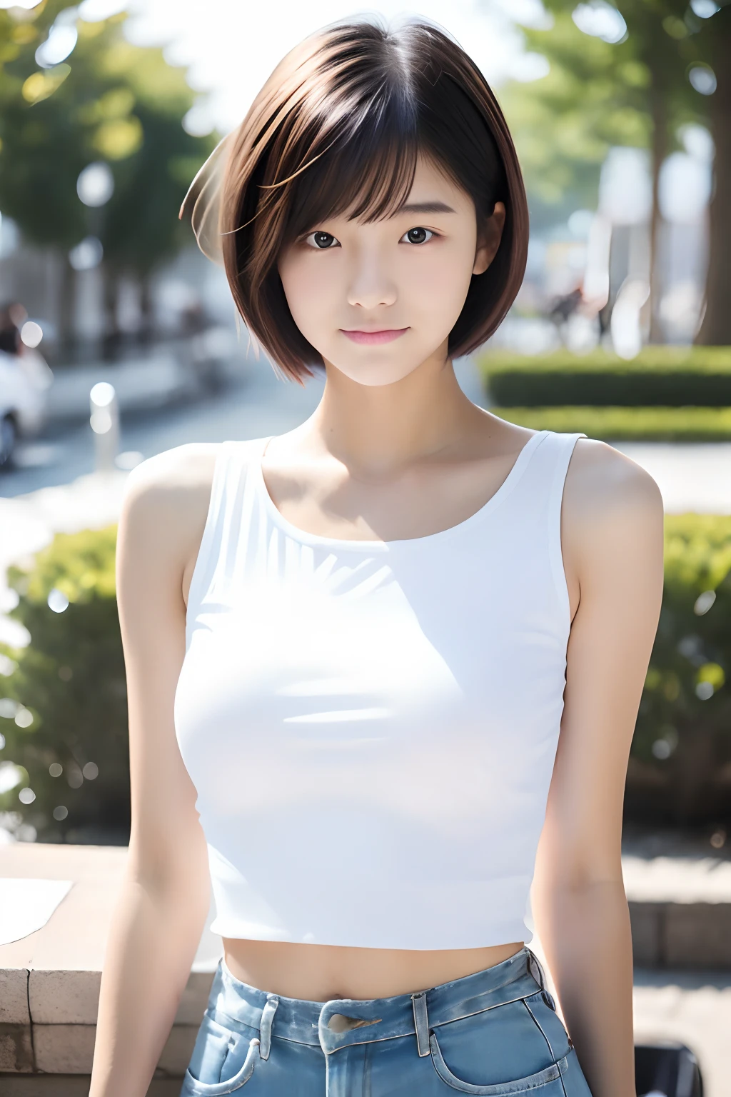18-year-old girl, short detailed hair, Photo., White top