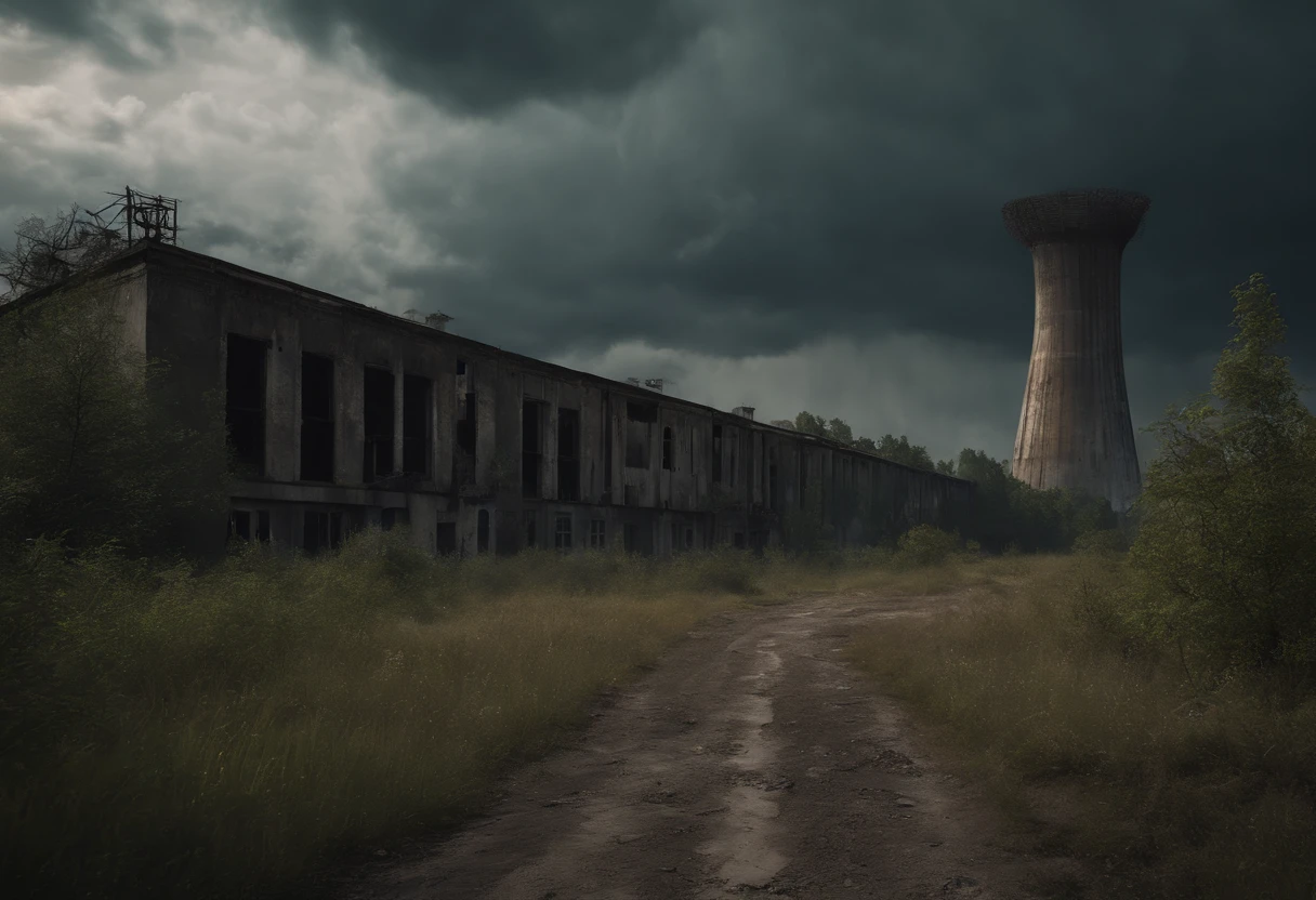(best quality,4k,8k,highres,masterpiece:1.2),ultra-detailed,(realistic,photorealistic,photo-realistic:1.37),Stalker Zone,Chernobyl,Nuclear rain,radiation,dangerous atmosphere,dystopian landscape,stark contrast,mysterious aura,dim lighting,desolated buildings,overgrown vegetation,dusty atmosphere,abandoned vehicles,ruined infrastructure,cracks on the ground,damaged walls,peeling paint,foggy surroundings,polluted air,decaying environment,restricted access signs,lurking danger,masked figures,ominous clouds,warned gas masks,radioactive materials,contaminated water sources,heavy radiation warnings,creepy silence,haunting stillness,post-apocalyptic ambiance,uncertain future,forbidden trespass,atechnological ruins,fallen civilization,instant death lurking,breathtaking desolation,unforgettable impact,otherworldly experience,energy anomalies,enthralling mystery,dark secrets,emerging horror,hidden treasures,survival instincts,lost hope,remnants of past life,memories fading away,forgotten dreams,permeating gloom,hauntingly beautiful,unpredictable encounters,irradiated wilderness,chaotic aftermath,memories of tragedy,echoes of despair,ominous tales,emotional resonance,devastating consequences,abandoned memories,mystery