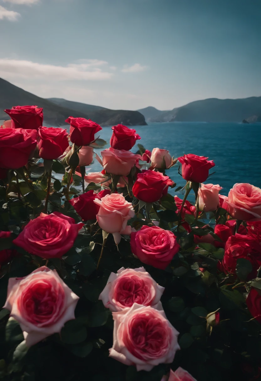 (Best quality,8K,A high resolution,Masterpiece:1.2),realistic scene,Blue ocean with a cluster of roses, Strong lines, Vivid colors, professional,Photographic works,Large depth of field