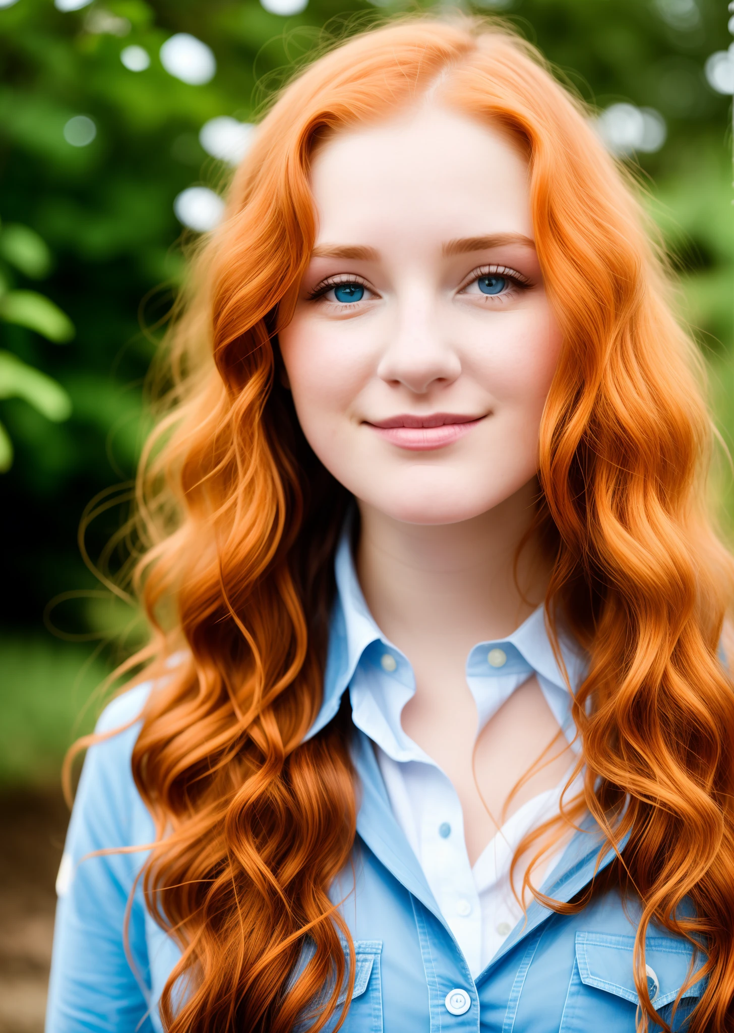 A petite young woman nineteen years of age with fair skin and long ginger hair that curls. She has a button nose and a small gap between her two front teeth. Her round eyes are a vibrant blue