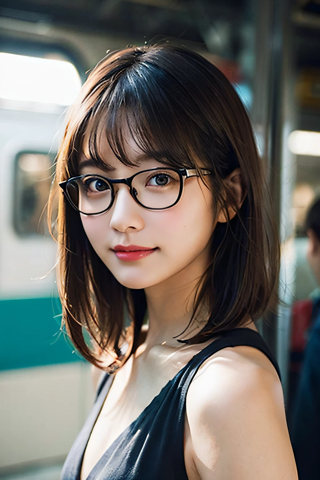 (8K、Raw photography、top-quality、masterpiece:1.2)、(realisitic、Photorealsitic:1.37)、ultra-detailliert、超A high resolution、1 girl、see the beholder、beautifull detailed face、A smile with a little visible teeth、Constriction、(Slim waist) :1.3)、((Cute clothes))、pastel clothing、Beautiful detailed skin、Skin Texture、Floating hair、((fluffy hairstyle))、large breasts with good shape、Professional Lighting、Autumn noon、Shopping street in front of the station、((Black-rimmed square glasses))、Whole human body、Black hair、((Shameful appearance))、Pay attention to your audience、