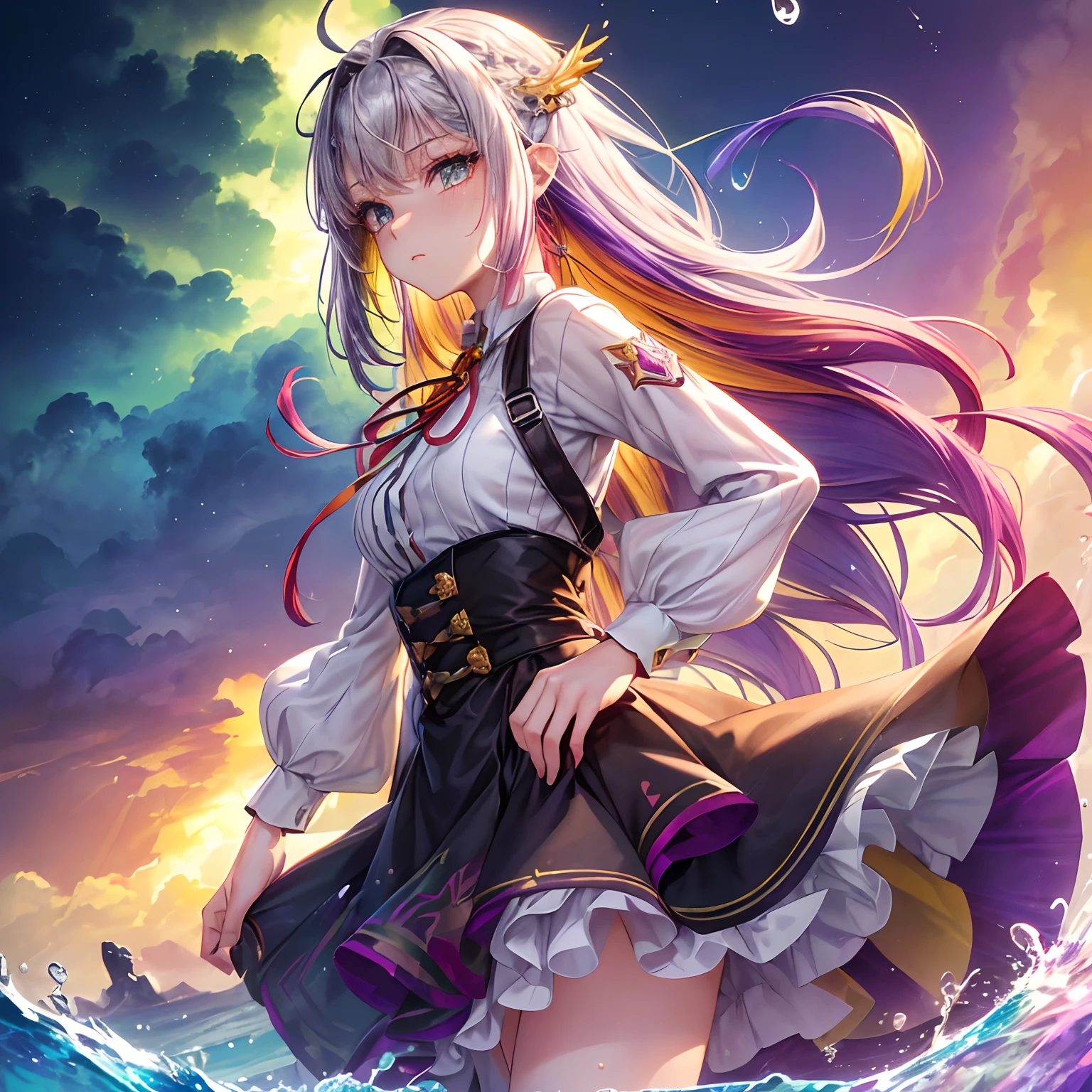 1.5),(1 girl),(Dynamic pose),(multicolored hair+Silver hair:1.3+Red hair:1.2+Purple hair+Yellow hair:1.3+Green hair:1.3),(Blue eyes),(Neck ribbon),(Floating),(Cloud),(too many drops of water),(Twilight),(aquarelle),(Wide shot)