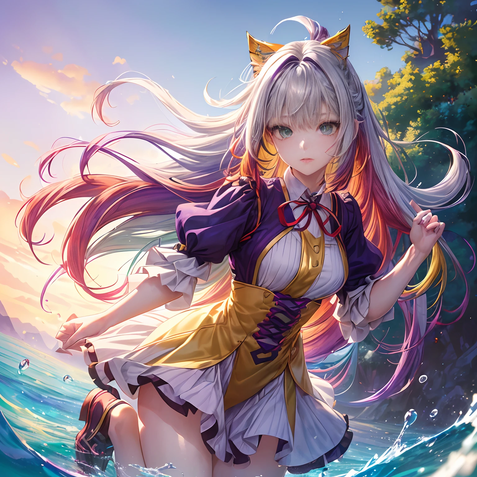 1.5),(1 girl),(Dynamic pose),(multicolored hair+Silver hair:1.3+Red hair:1.2+Purple hair+Yellow hair:1.3+Green hair:1.3),(Blue eyes),(Neck ribbon),(Floating),(Cloud),(too many drops of water),(Twilight),(aquarelle),(Wide shot)