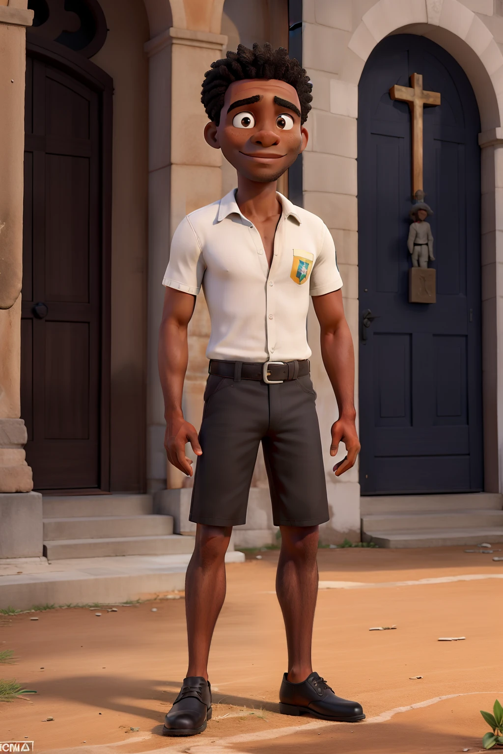 obra-prima, de melhor qualidade, homem negro, pedreiro, slavery, de sapato, sem camisa, Standing in front of church in Brazil