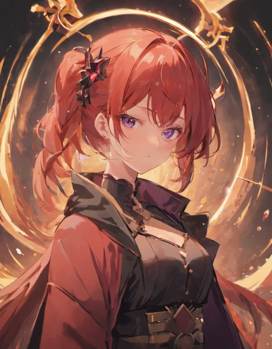 4K, 8K, Masterpiece, Best quality, Upper body, 1girll, view the viewer, Red hair, Medium hair, Purple eyes, devil horns, Black coat, Indoors, Dimly lit, The actress's age is 23, Open your bust