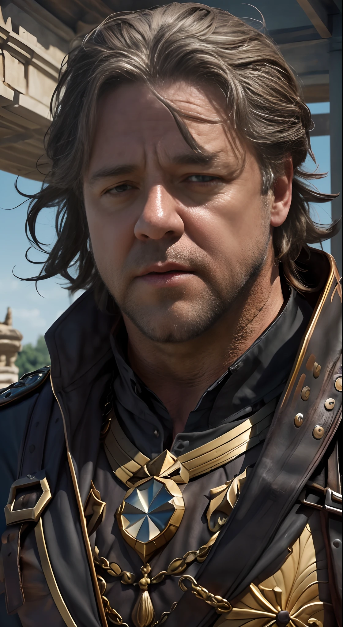 Maximus(Russell Crowe(Russell Ella Crowe)adorn)He was a general of the Roman Empire,wholeheartedly,His Imperial legions were victorious,Invincible。Short dark brown hair,Small waves,Tall, shapely body,Strong body,Strong muscles,Delicate muscle contours, Realistic depiction, 4K quality,Meticulous muscle definition, Realistic depiction, Correct anatomy,8K, High definition, Detailed face, Detailed eyes,