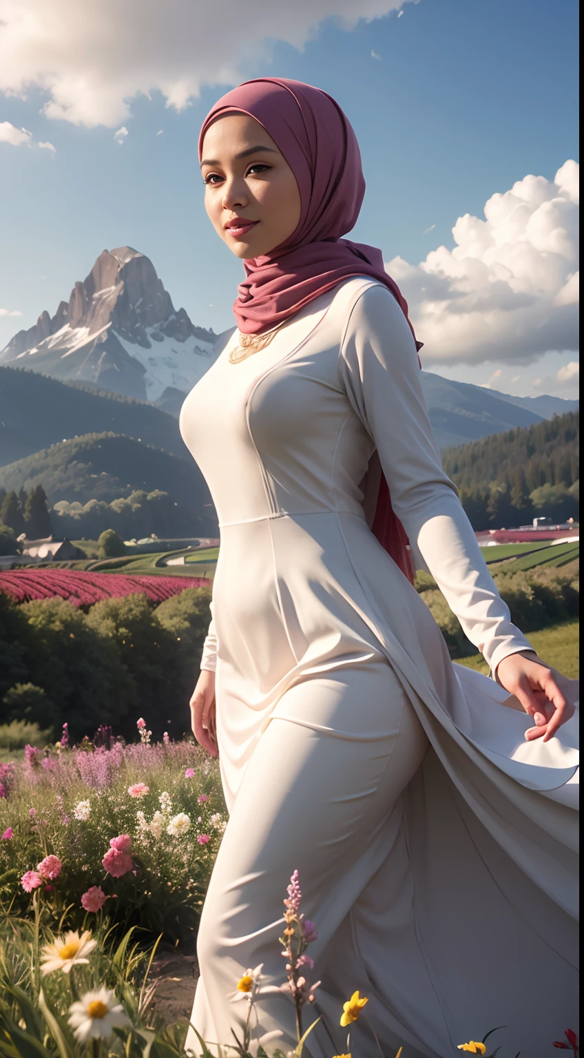 Photo of a young bookish Malay woman wearing a hijab , big breast, dynamic angle, cloud and mountain, (flower field:1.4) in the foreground, white dress, light tracing, (floating colorful wind:1) (photorealistic:1.4), official art, unity 8k wallpaper, ultra detailed, beautiful and aesthetic, masterpiece,best quality, glowing skin, cinematic lighting, light smile