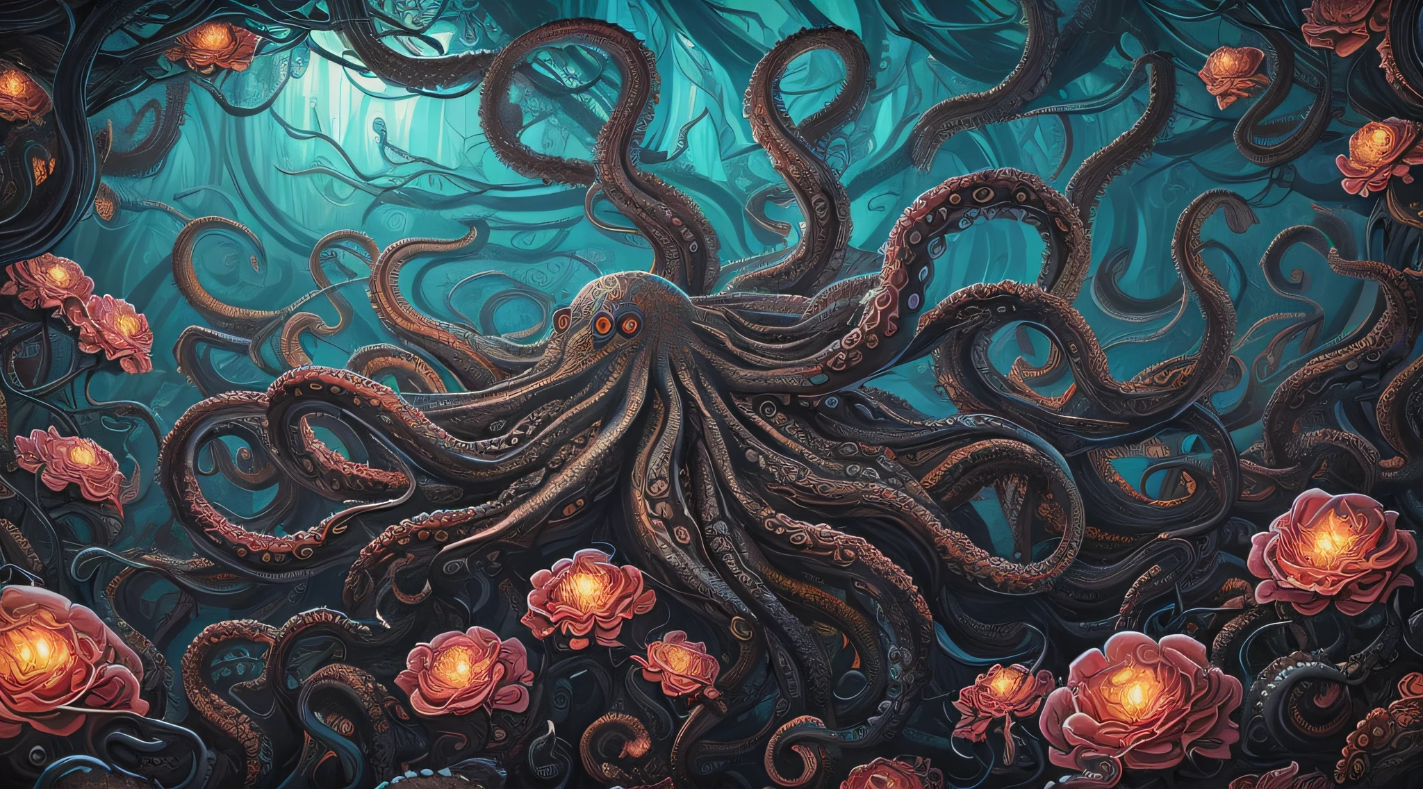 a painting of an octopus surrounded by flowers, mix of venom and cthulhu, tentacled creature mix, photo of cthulhu, cthulhu, cthulhu squid, lovecraft illustration, lovecraftian background, detailed 4k horror artwork, lovecraft art, lovecraft horror, dan mumford tom bagshaw, lovecraft style, highly detailed dark art, scary detailed art in color, tentacle monster