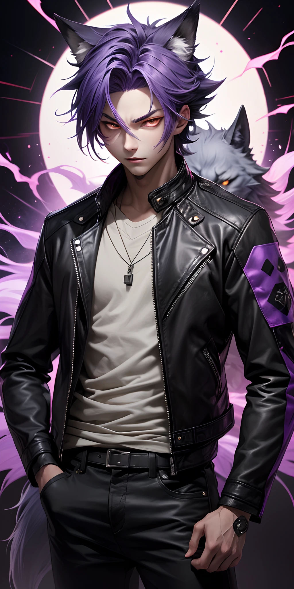 Anime boy wolf with purple hair and purple glowing eyes with leather jacket and hot and purple symbols background