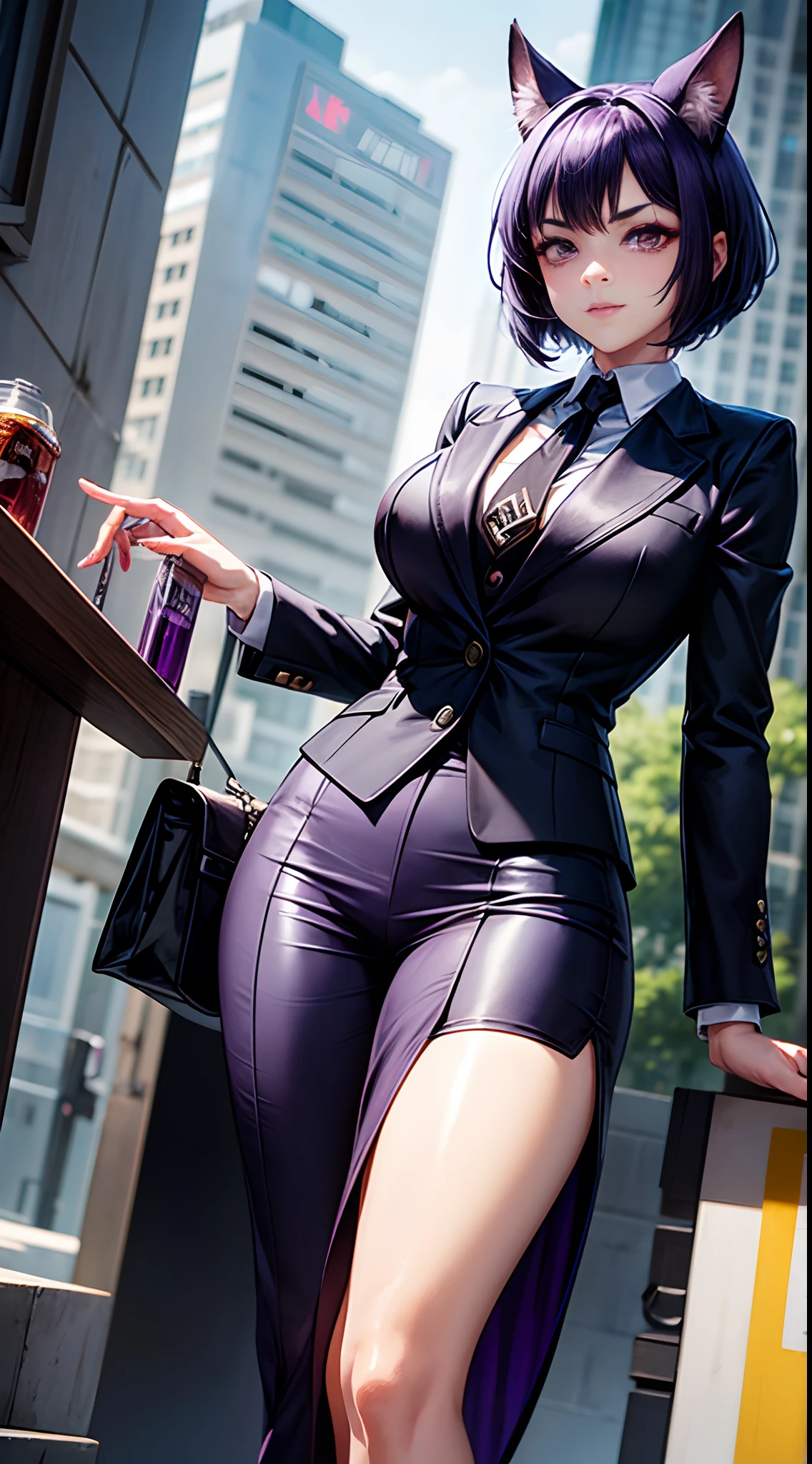(woman in black suit and tie)Anime, Anthropomorphic lop-eared Dalmatian sexy woman, her big purple eye and purple short hair her hand is mechanical cyberpunk