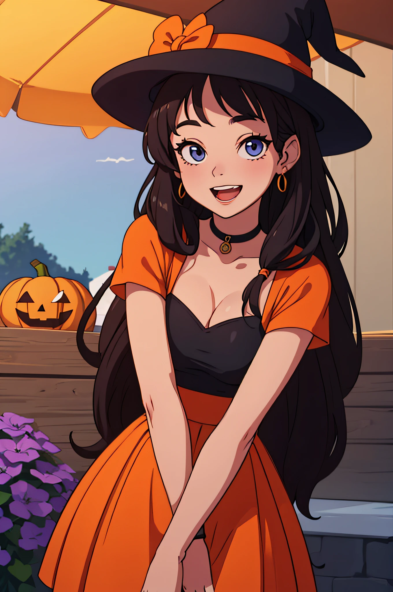 backyard, long hair, Halloween costume, ((beautiful woman, happy)), (((best quality, 8k)))