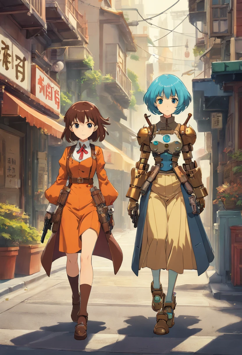 they are two robots walking down the street with guns, detailed cinematic photography, steampunk digital art, bigstudiovfx, still image from tv series, anthropomorphic female, featured on vimeo, yasuke 5 0 0 px models, by Robert Koehler, interconnected human lifeforms, shot on anamorphic lenses
