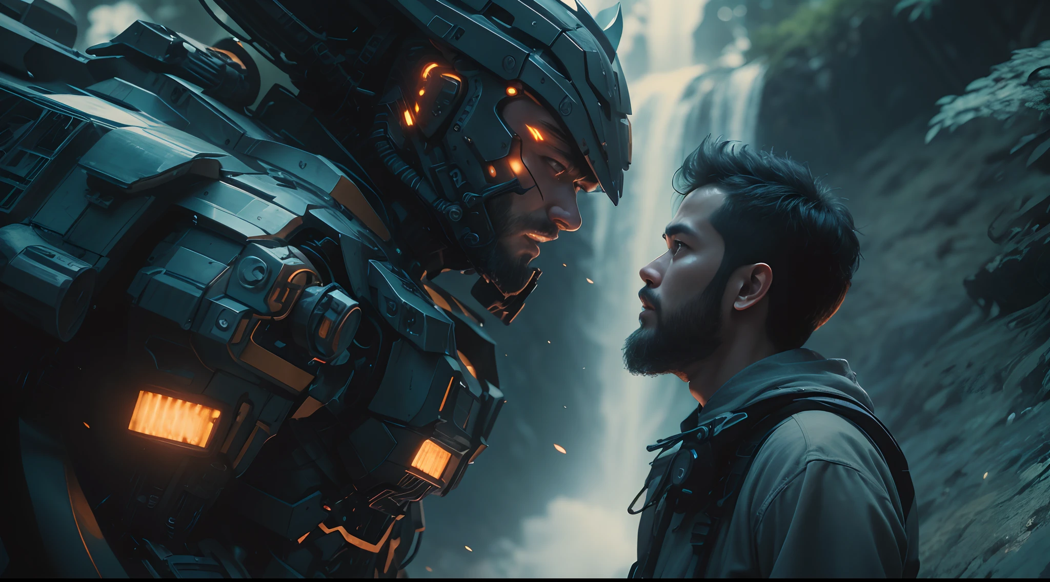 Cinematic close up of [Mecha machine] having a heated conversation with [ malay Man with futuristic black exploration clothing + mid length dark beard]. Scene: dark forest with waterfall on background. asymmetric, muted colors, triadic colors, film grain. low angle. --ar 21:9 Low angle shot, Desaturated color grading, rear projection, Tungsten light, Dynamic shadows,