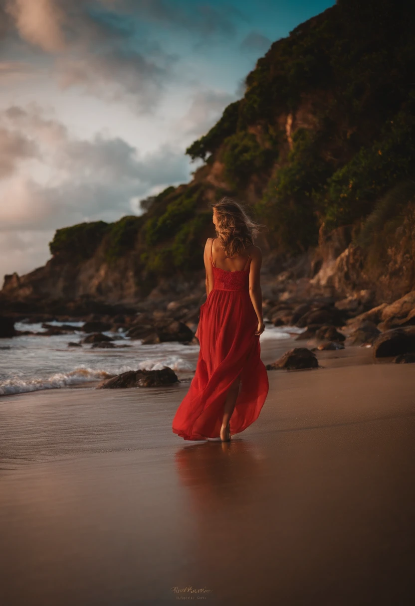 uma loira com um vestido vermelho na ponte hercilio luz em florianopolis
