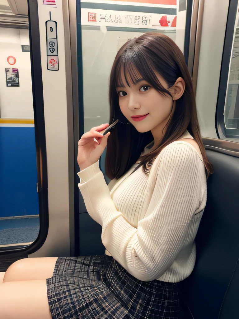 masutepiece, Best Quality, finely detail, hight resolution, in 8K, Beautiful detailed eyes, View from the front seat、low angles、Crotch focus、Inside the skirt、Skirt Triangle、sit with your legs spread,itting open legs、Women's Suits、lightly dressed、Medium Hair,Colossal tits,cleavage、Natural Color Lip, ssmile, Shibuya OL system、20 years girl、Cute、Tokyo Metro、subway、On the train、horizontal seat、seating、sitdown、tight skirts、Panchira,pantiy、Hands behind your back、others、Eyes on mobile