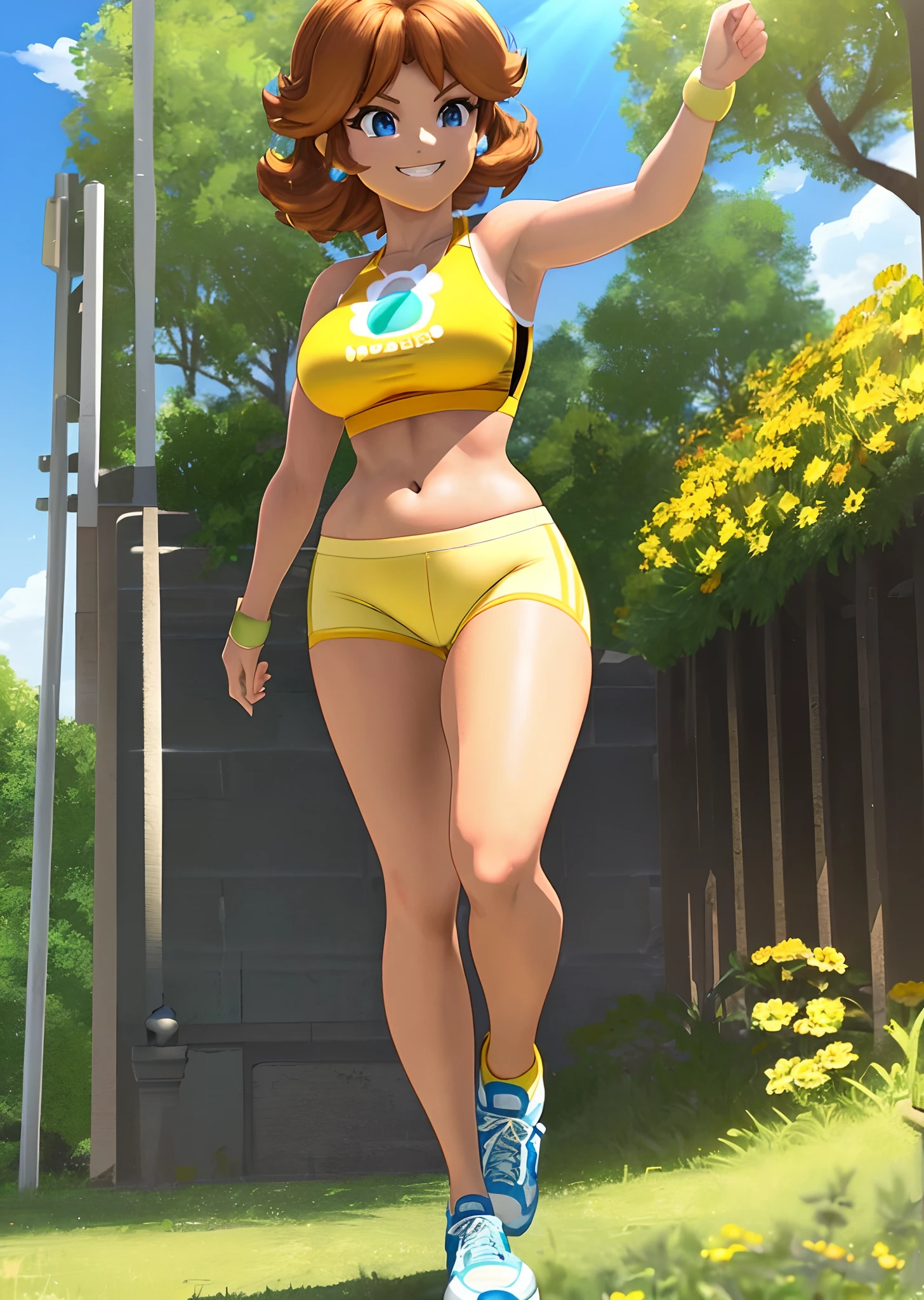 [daisy_SM], [Princess_Daisy], ((masterpiece)), ((HD)), ((solo portrait)), ((front view)), ((anime)), ((detailed soft shading)), ((beautiful render art)), ((intricate details)), {daisy; (tanned skin), cute blue eyes, short brunette hair, (small boobs), (gorgeous wide hips), (beautiful legs), (defined muscles), (excited grin)}, {(yellow tank top), (yellow spandex yoga shorts), (white and yellow sneakers)}, {(walking), (looking at viewer)}, [Background; (park), (grass plains), (sun rays), (blue sky)]