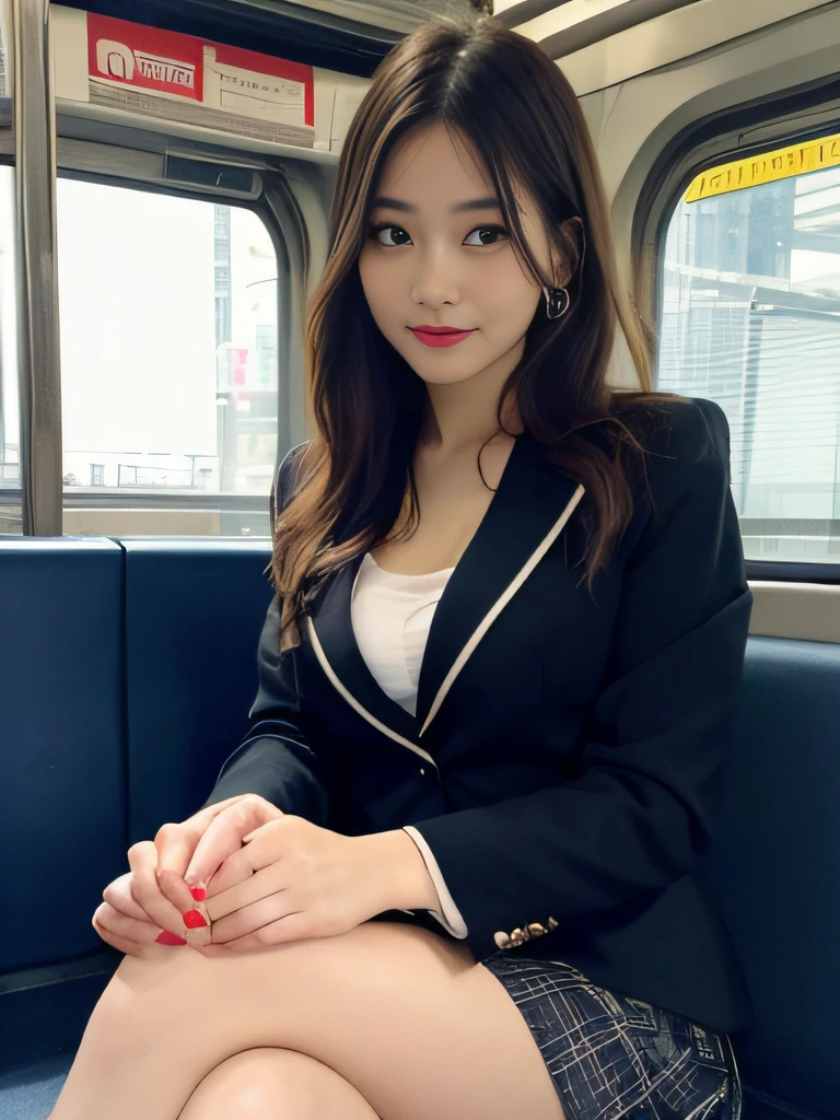 masutepiece, Best Quality, finely detail, hight resolution, in 8K, Beautiful detailed eyes, View from the front seat、low angles、Crotch focus、Inside the skirt、Skirt Triangle、sit with your legs spread,itting open legs、Women's Suits、lightly dressed、Medium Hair,Colossal tits,cleavage、Natural Color Lip, ssmile, Shibuya OL system、20 years girl、Cute、Tokyo Metro、subway、On the train、horizontal seat、seating、sitdown、tight skirts、Panchira,pantiy、Hands behind your back、stranger、We don't see eye to eye