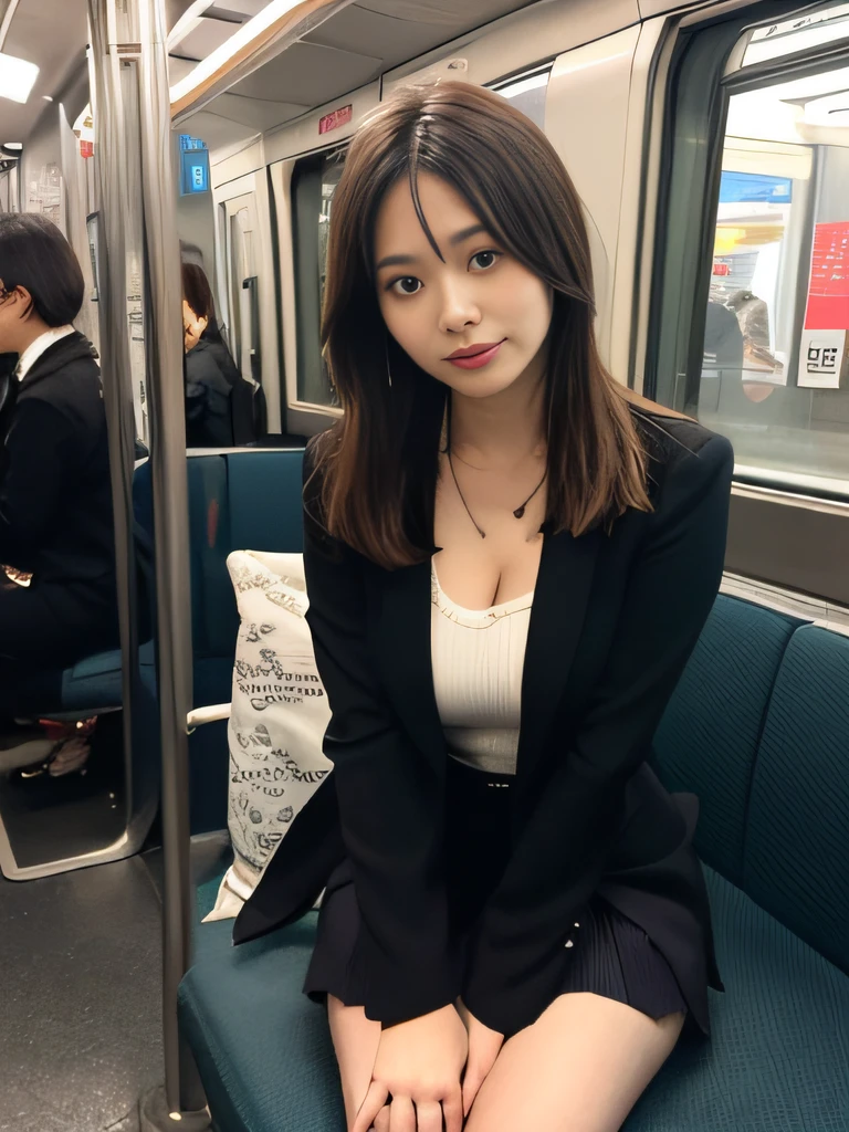masutepiece, Best Quality, finely detail, hight resolution, in 8K, Beautiful detailed eyes, View from the front seat、low angles、Crotch focus、Inside the skirt、Skirt Triangle、sit with your legs spread,itting open legs、Women's Suits、lightly dressed、Medium Hair,Colossal tits,cleavage、Natural Color Lip, ssmile, Shibuya OL system、20 years girl、Cute、Tokyo Metro、subway、On the train、horizontal seat、seating、sitdown、tight skirts、Panchira,pantiy、Hands behind your back、stranger、We don't see eye to eye