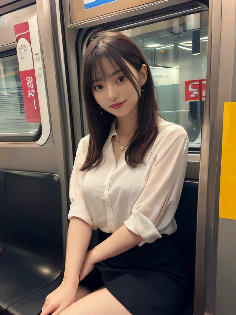 masutepiece, Best Quality, finely detail, hight resolution, in 8K, Beautiful detailed eyes, View from the front seat、low angles、Skirt Focus、Lower body focus、Inside the skirt、sit with your legs spread,itting open legs、Knees apart、Women's Suits、lightly dressed、Medium Hair,Colossal tits,Natural Color Lip, ssmile, Shibuya OL system、20 years girl、Cute、Tokyo Metro、subway、On the train、horizontal seat、seating、sitdown、Sit deep、tight skirts、Panchira,pantiy、Hands behind your back、Stranger、We don't see eye to eye