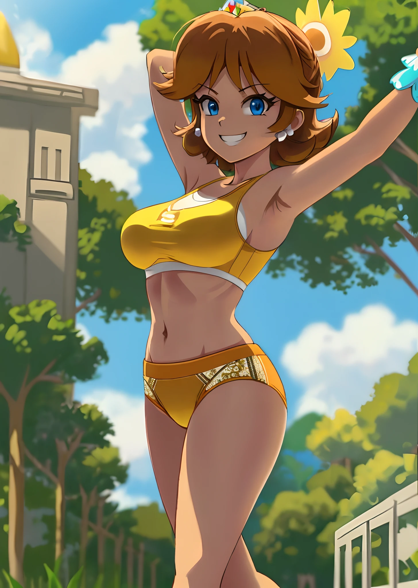 [daisy_SM], [Princess_Daisy], ((masterpiece)), ((HD)), ((solo portrait)), ((front view)), ((anime)), ((detailed soft shading)), ((beautiful render art)), ((intricate details)), {daisy; (tanned skin), cute blue eyes, short brunette hair, (small boobs), (gorgeous wide hips), (beautiful legs), (defined muscles), (excited grin)}, {(yellow tank top), (yellow spandex yoga shorts), (white and yellow sneakers)}, {(walking), (looking at viewer)}, [Background; (park), (grass plains), (sun rays), (blue sky)]