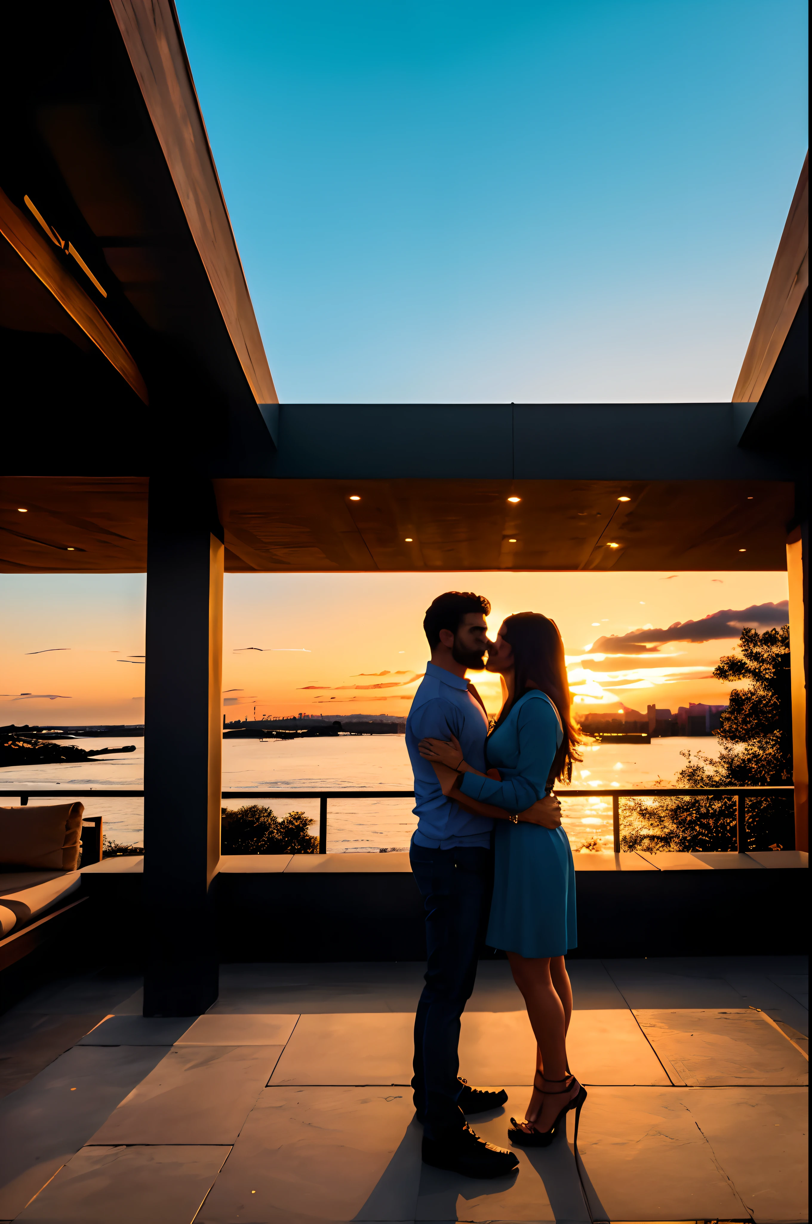 extremadamente detallado, Calidad de obra maestra, estilo impresionista, Vivid and vibrant sunset, Pareja joven en Nueva York, Profundidad de campo suave, majestuoso edificio al fondo, Warm and rich colors, Tactile and expressive textures, (La mejor calidad, 8k, 32K, Obra maestra, UHD: 1.3),