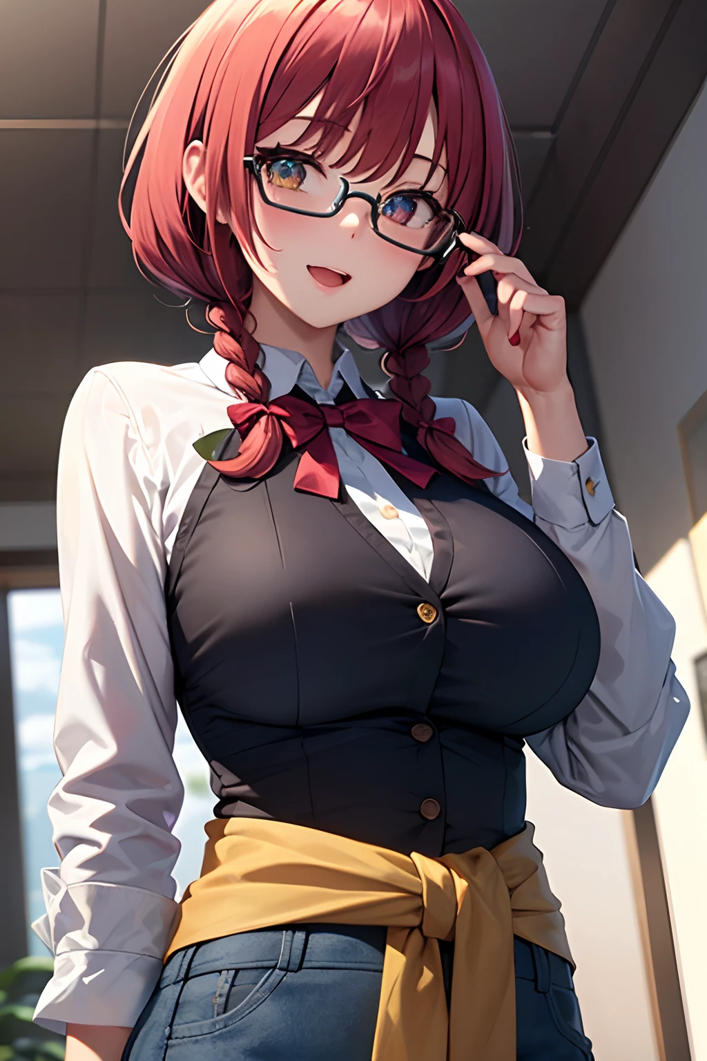 ((best masterpiece)), ((super resolution)), yellow eyes anime girl wearing glasses, symmetrical clear eyes, pupil highlights, shining eyes, wearing glasses, (adjusting glasses :1.3), Touch the glasses with your finger, Quickly put the glasses on, (((Super detailed 8K resolution illustration))), 1 girl, Solo, Glasses, Looking at the viewer, Red hair, Short braids Hair, shoulder-length hair, smile, big breasts, chest, (head to waist figure: 1.3), jacket, school uniform, blazer, bow tie, blush, open mouth, Y-shirt, white shirt, collar Shirt with sleeves, long sleeves, sleeves rolled up, tucked up