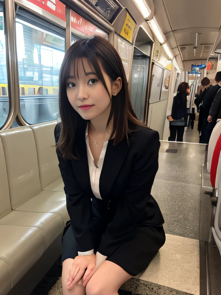 masutepiece, Best Quality,  finely detail, hight resolution, in 8K, View from the front seat、low angles、Skirt Focus、Lower body focus、Inside the skirt、sit with your legs spread,itting open legs、Keep your knees apart、Beautiful detailed eyes, Women's Suits、lightly dressed、Medium Hair,Colossal tits,Natural Color Lip, ssmile, Shibuya OL system、20 years girl、Cute、Tokyo Metro、subway、On the train、horizontal seat、seating、sitdown、Sit deep、tight skirts、Panchira,Hands behind your back、legs, pussy, lovejuice,