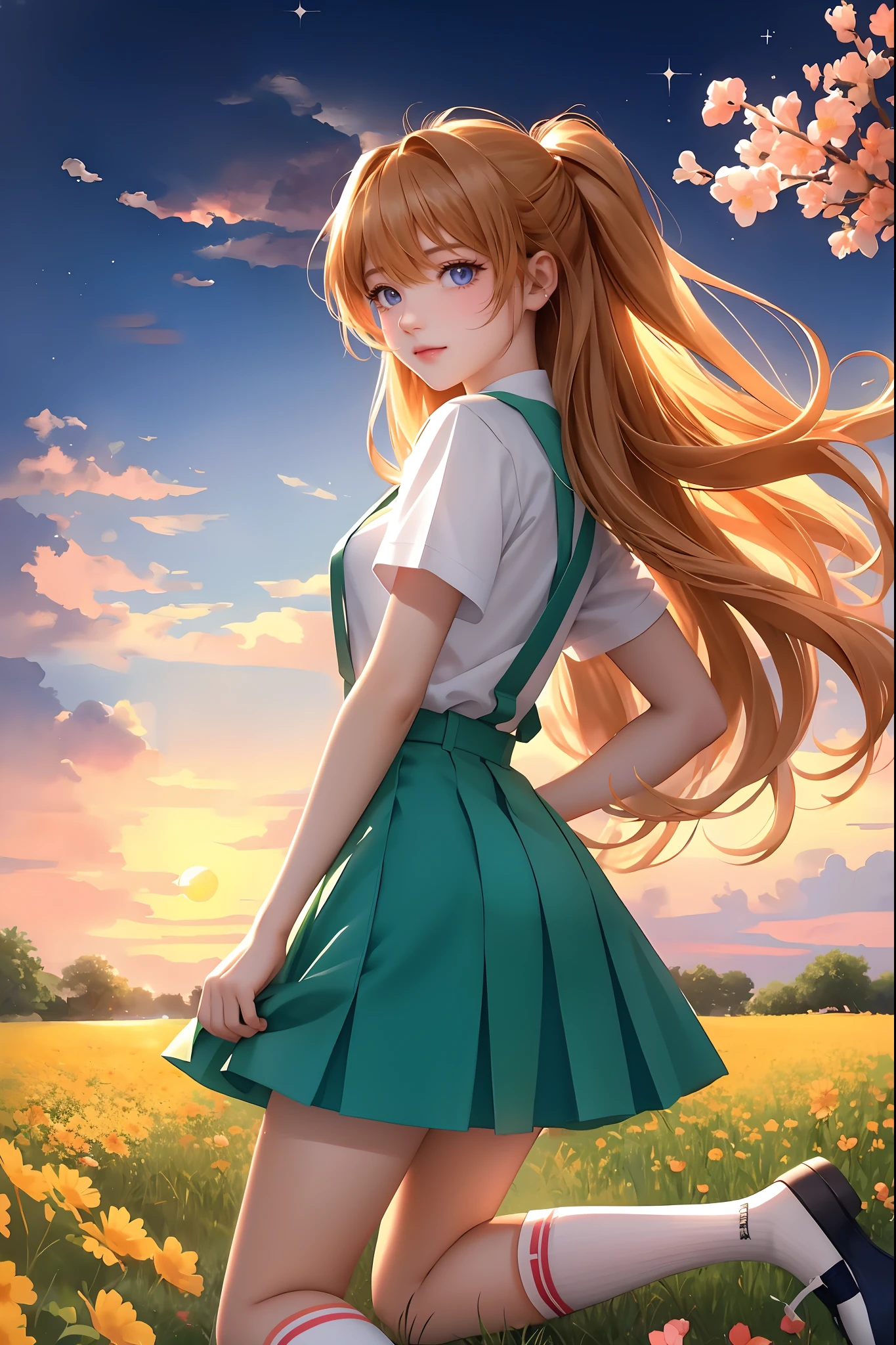 tmasterpiece,best qualtiy,8K,k hd,1girll,Human children,(souryuu asuka langley,Long orange hair:1.3,Interface headset, suspender skirt, Red ribbon, White shirt, school uniform, Socks, shoes),(((watercolor paiting:1.4),(handpainted:1.2))),18yr old,Raised sexy,Solo,Chu Chu pitiful, gigantic cleavage breasts:1.3,Eyes sparkle,sharp sharp eyes,(glowing light eyes:1.233),(opens his eyes wide:1.3),Light smile,((Fetal position:1.3,the setting sun:1.3,Beautiful sunset:1.3,flower field,Colorful clouds and sunset:1.3,strong edge lighting:1.3)),(beautiful and detailed eye:1.1),Blushlush,Side view:1.4,panoramic lens
