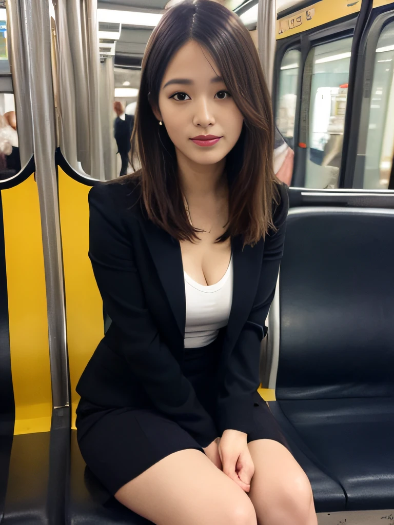 masutepiece, Best Quality,  finely detail, hight resolution, in 8K, View from the front seat、low angles、Skirt Focus、Lower body focus、Inside the skirt、sit with your legs spread,itting open legs、Keep your knees apart、Beautiful detailed eyes, Women's Suits、lightly dressed、Medium Hair,Colossal tits,Natural Color Lip, ssmile, Shibuya OL system、20 years girl、Cute、Tokyo Metro、subway、On the train、horizontal seat、seating、sitdown、Sit deep、tight skirts、Panchira,Hands behind your back、legs, pussy, lovejuice,