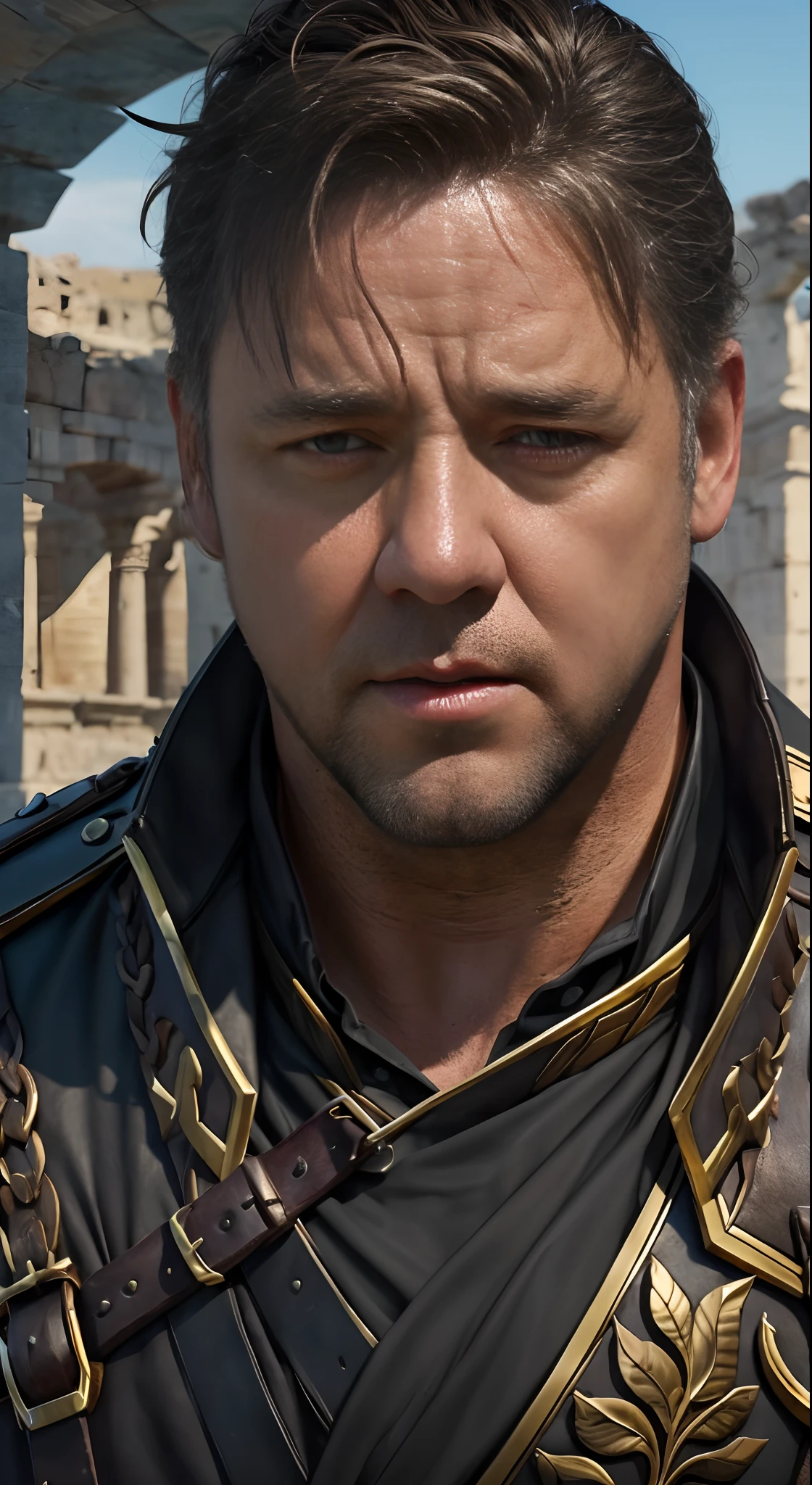 Maximus(Russell Crowe(Russell Ella Crowe)adorn)He was a general of the Roman Empire,wholeheartedly,His Imperial legions were victorious,Invincible。Short dark brown hair,Small waves,Tall, shapely body,Strong body,Strong muscles,Delicate muscle contours, Realistic depiction, 4K quality,Meticulous muscle definition, Realistic depiction, Correct anatomy,8K, High definition, Detailed face, Detailed eyes,