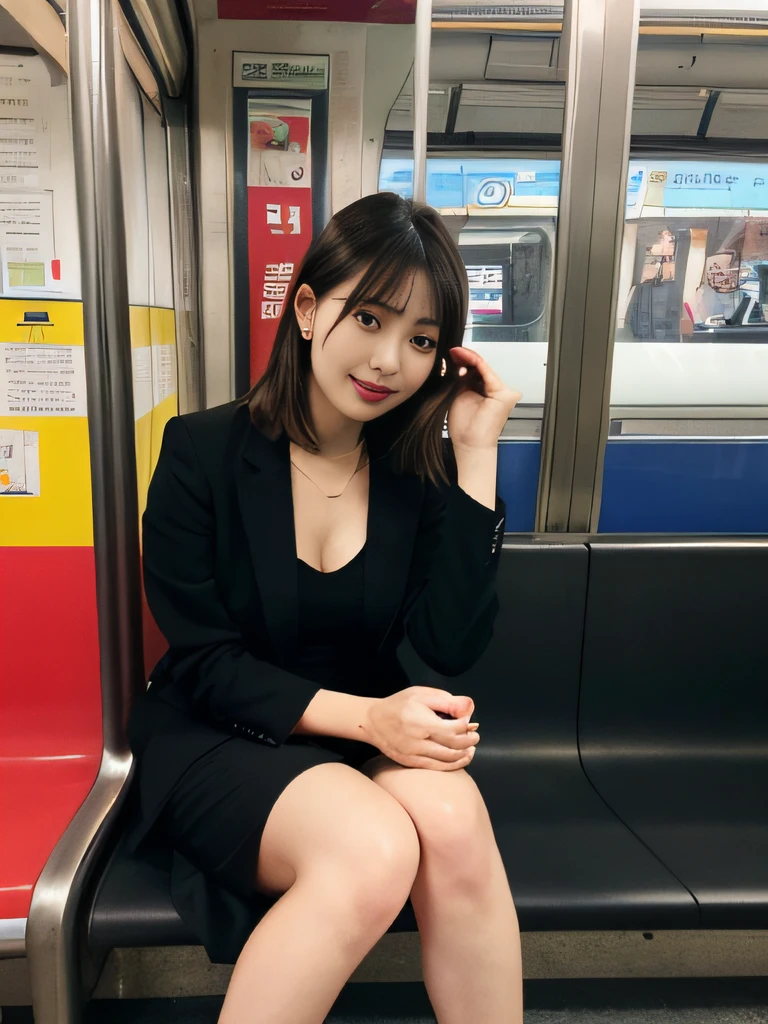 masutepiece, Best Quality, finely detail, hight resolution, in 8K, View from the front of the seat、low angles、Skirt Focus、Lower body focus、Inside the skirt、sit with your legs spread,itting open legs、Keep your knees apart、Beautiful detailed eyes, Women's Suits、lightly dressed、Medium Hair,Colossal tits,Natural Color Lip, ssmile, Shibuya OL system、20 years girl、Cute、Tokyo Metro、subway、On the train、horizontal seat、seating、sitdown、Sit deep、tight skirts、Panchira,Hands behind your back, lovejuice,