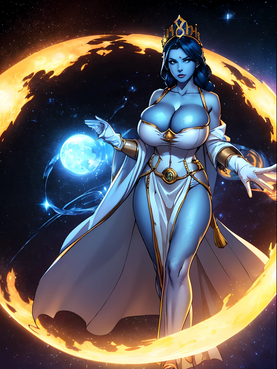 (masterpiece, top quality, best quality, official art, beautiful and aesthetic:1.2), (1girl:1.3), dark blue hair in braid, extremely detailed, portrait, looking at viewer, solo, (full body:0.6), detailed background, close up, (cool science fiction space theme:1.1), ((((blue skin)))), extremely busty sorceress, charlatan, mysterious, casting spells in space, four arms, revealing white and gold robes, high neck, sleeveless, fingerless gloves, long gloves, glowing magical energy, blindfold, elaborate headdress, golden ceremonial crown, sheer white fabric, elegant robes, skirts, streamers, cowl, cape, sandals, bracers, ((((gigantic breasts, skindentation)))), slim waist, slim hips, long legs, athletic, SPACE, futuristic moon, (space exterior:1.1) background, dark mysterious lighting, shadows, magical atmosphere, dutch angle