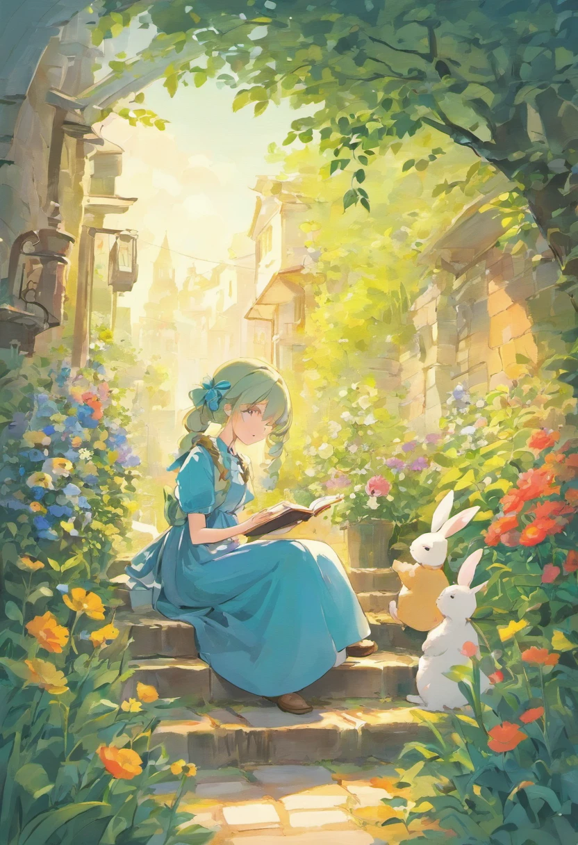 Illustration of a picture book in the style of Beatrix Potter, Girl reading a book in a garden with flowers,There are  rabbits on the side, The illustrations are charming and delicate, Soft colors,in detail