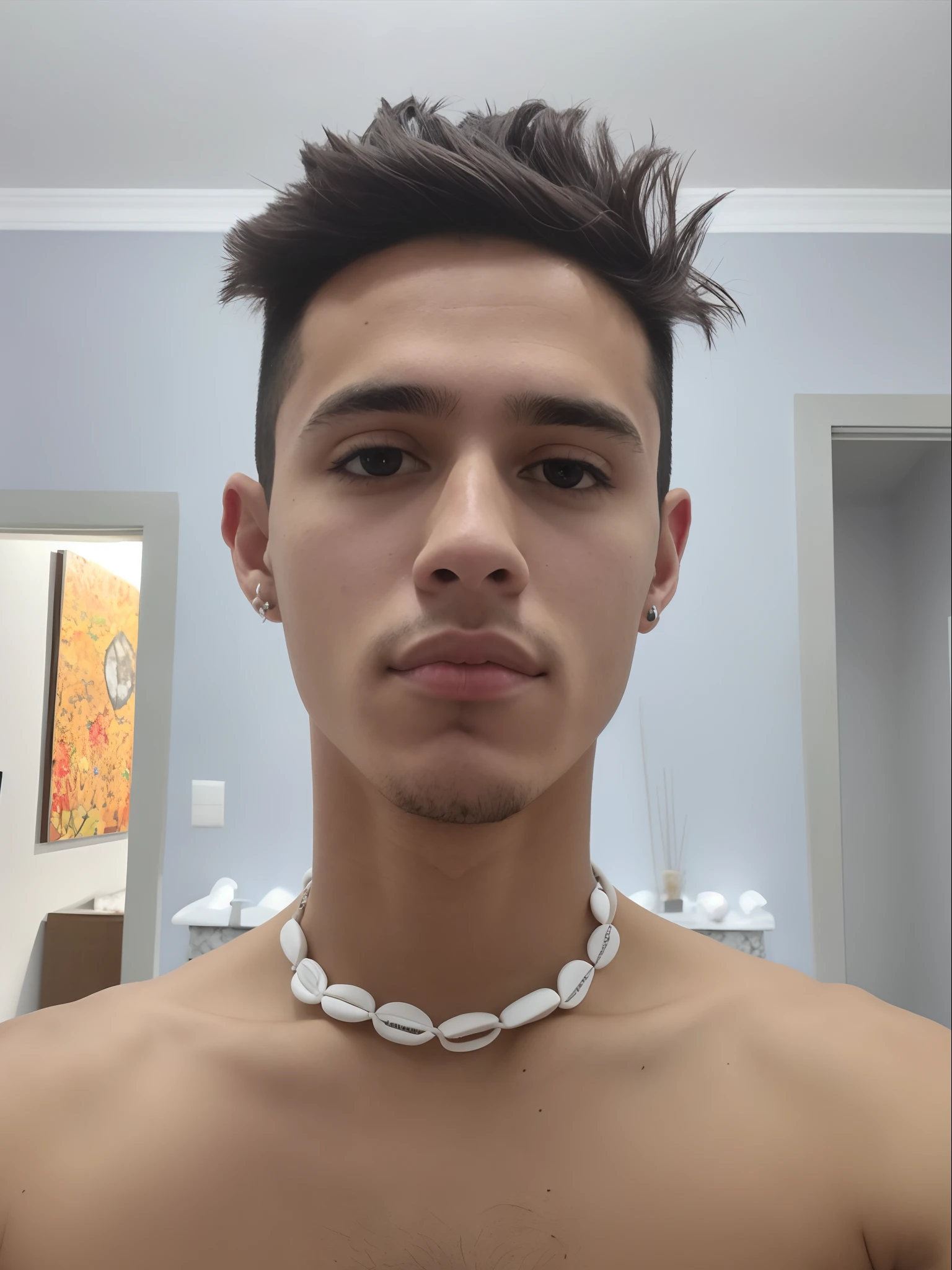 homem arafed com um colar e um colar de conchas, rosto largo raspado limpo, caio santos, 18 anos, 2 2 anos, neckbeard, em torno de 1 9 anos, 1 6 anos, 2 3 anos, 21 anos, chest and face, coleira de piercings, Twink, raspado limpo largo largo face larga