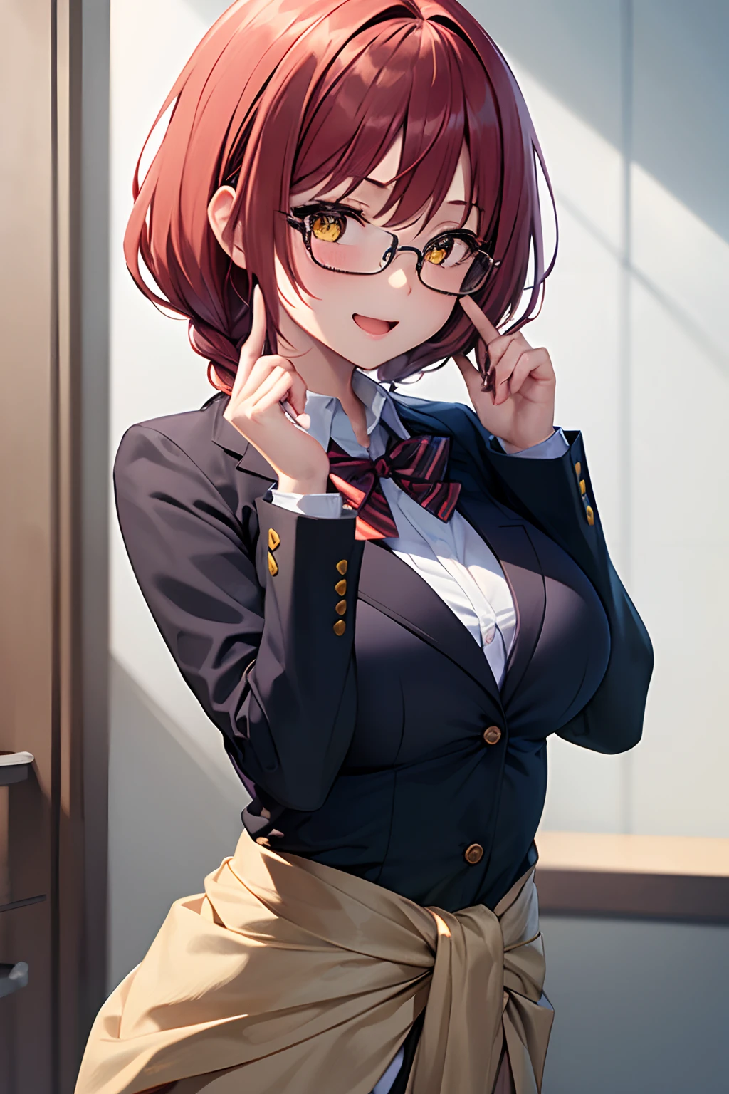 ((best masterpiece)), ((super resolution)), yellow eyes anime girl wearing glasses, yellow eyes, symmetrical clear eyes, pupil highlights, shining eyes, wearing glasses, (adjusting glasses :1.3), Touch the glasses with your finger, Quickly put the glasses on, (((Super detailed 8K resolution illustration))), 1 girl, Solo, Glasses, Looking at the viewer, Red hair, Short braids Hair, shoulder-length hair, smile, big breasts, chest, (head to waist figure: 1.3), jacket, school uniform, blazer, bow tie, blush, open mouth, Y-shirt, white shirt, collar Shirt with sleeves, long sleeves, sleeves rolled up, tucked up