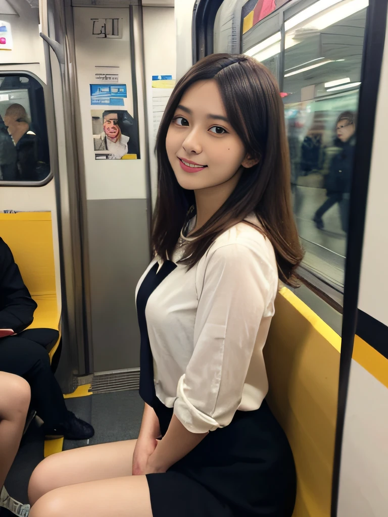 (masterpiece, Highest quality, 8k, RAW Photos, beautifully、aesthetic:1.2),  Intricate details, indirect lighting, Realistic,
whole body, Sitting on a chair on the train、Staring at the viewers、Voyeur, (Ultra-realistic pantyhose)、
 Training women , Chair to sit under skirt,Ultra mini skirt、gauze,Cowboy Shot, One 32-year-old, smile, Brown Hair, Overlooking, Celebrities