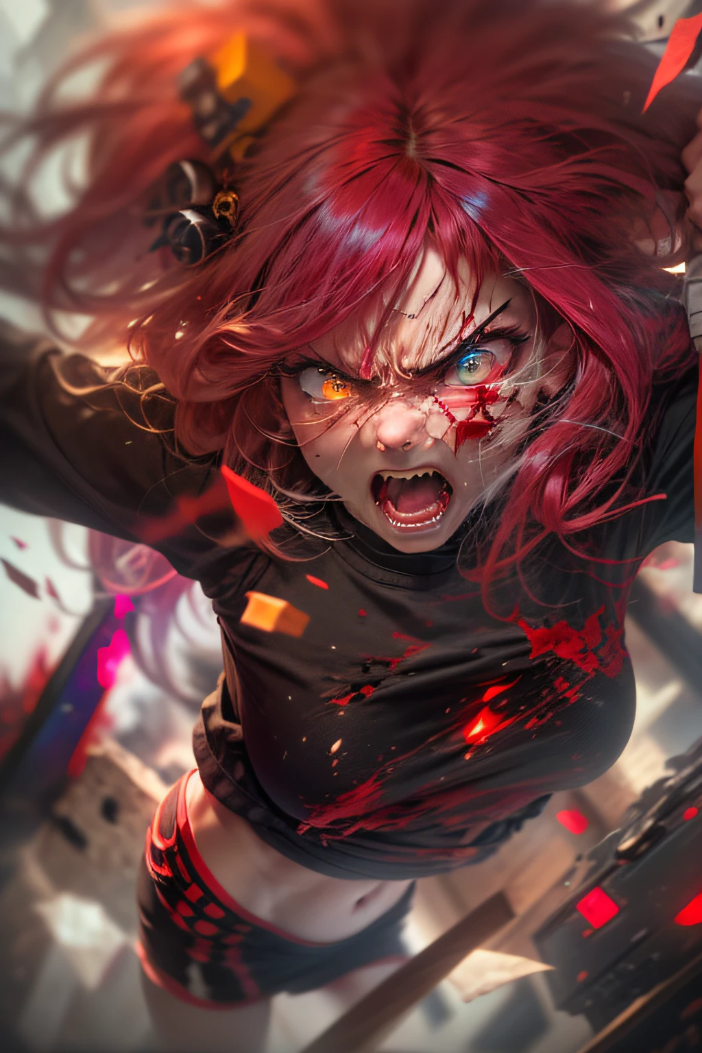 Best Quality, Masterpiece, 8k, RAW, 1 girl, ((raging)), (red hair), color-theme red, dramatic light, violence everywhere, corpses blood gore destruction in background, background dark and blurred, (angry expression:1.4), (raging eyes:1.2), red eyes, (heterochromia:1.2), mental breakdown, intimidation, harms way, (Anger:1.4), vengeance, rage, destruction, murder, insanity, going insane, loosing control