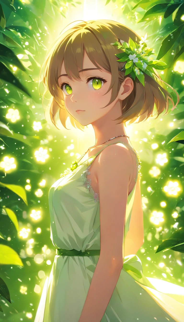lime yellow, platinum earrings, platinum necklace, white dress, 1girl, cute, (dynamic lighting:1.2), cinematic lighting, delicate facial features, detailed eyes, sharp pupils, realistic pupils, depth of field, bokeh, sharp focus, (hyper-detailed, bloom, glow:1.4), many small gems