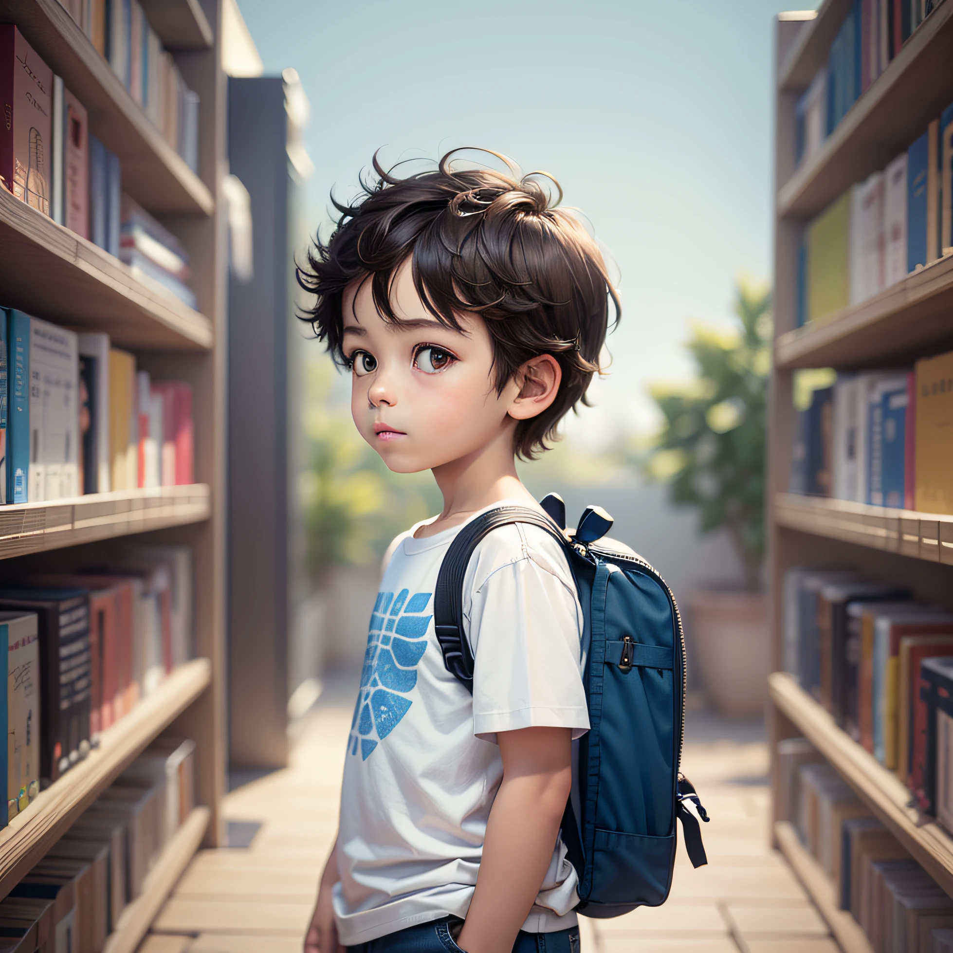 masterpiece, high quality, highly detailed, of a -yead boyth a magic blanket, white and blue background, children's book illustration style, simple, colorful, short dark brown hair,, white short-sleeved shirt, jean shorts with side pocket, no cape, no hat, no book, no glasses, no backpack,