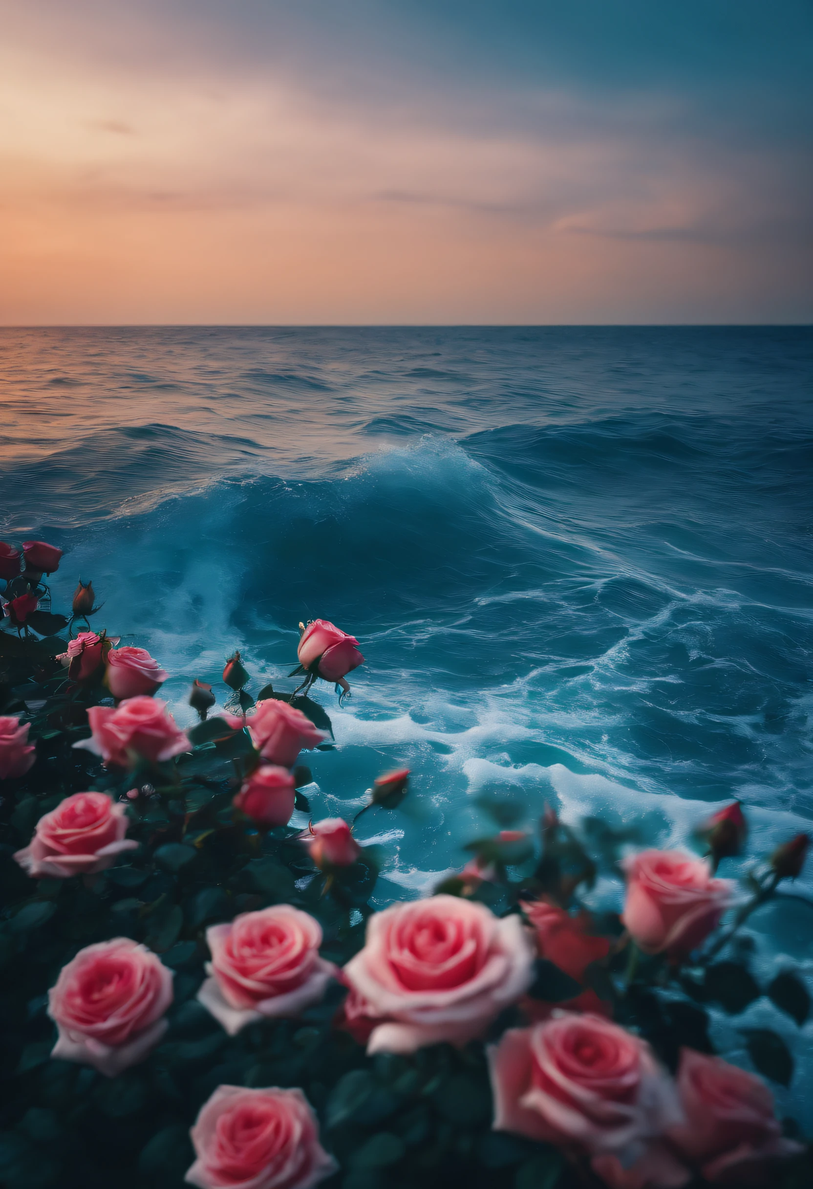 (Best quality,8K,A high resolution,Masterpiece:1.2),realistic scene,Blue ocean with a cluster of roses, Strong lines, Vivid colors, professional,Photographic works